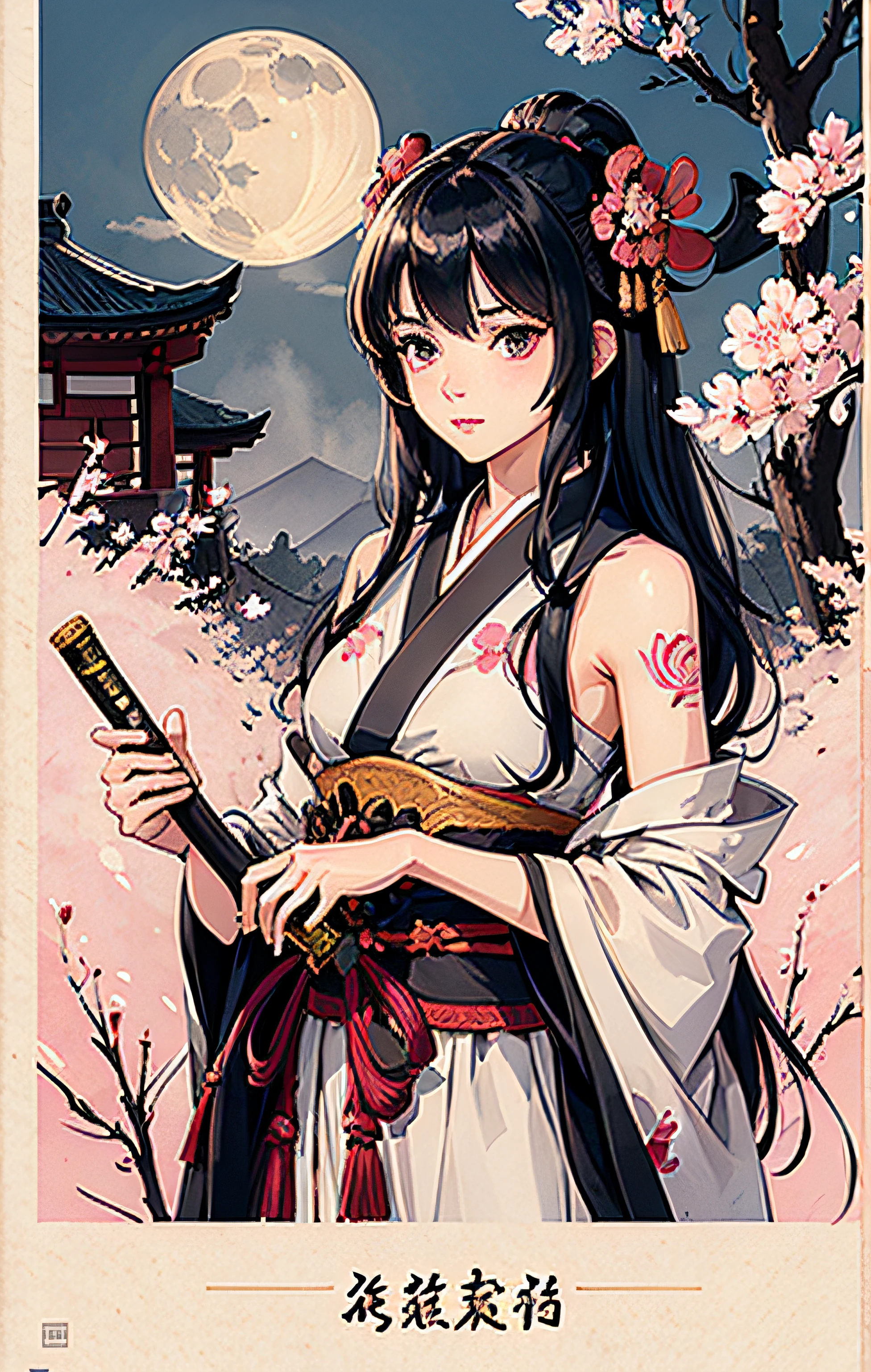 1girl,flat_breasts,cute,beautiful detailed eyes,shiny hair,visible through hair,hairs between eyes, movie poster, (Masterpiece, Best Quality), 8k Wallpaper, highly detailed, sexy female ronin, samurai, cherry blossom flowers border, japanese tattoos, katana, japan, night, moonlight, vector style art, erotic, movie poster style, lettering.
Black_hair,