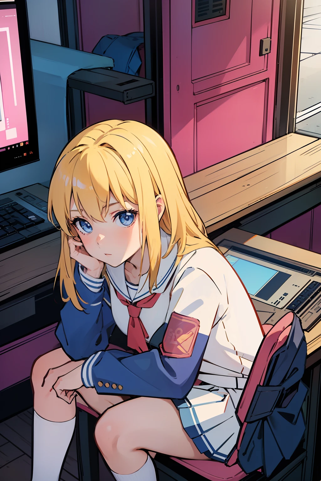 solo, 1girl, (masterpiece), ((16 year old appearance)), Blonde hair, Medium hair, blue eyes, anime girl,  small breasts, School uniform, cyberpunk