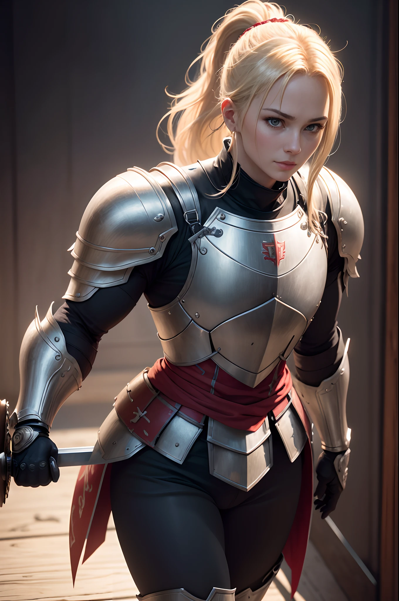 Beautiful mature blonde ponytail female knight、Bright red chest armor、Black pants and red leg armor　((Muscular and macho slim body and lower body))、Carrying a large sword at the waist、Has a large shield　A smile　Photorealsitic、a picture、​masterpiece、reallistic、真实感、photorealisim、High contrast、Photorealistic Art Station Trend Digital Art 8k HD High Resolution Explanation Real, detaileds, Skin Texture, ultra-detailliert, realistic skin textures, armature, top-quality, 超A high resolution, (Photorealsitic:1.4),, hight resolution, detaileds, Raw foto, Sharp Re, Nikon D850 Film Stock Photo by Lee Jefferies 4 Kodak Portra 400 Camera F1.6 lenses rich colors hyper realistic lifelike textures dramatic lighting unreal engine artstation trends synestil 800,５Precision details of beautiful hands with fingers