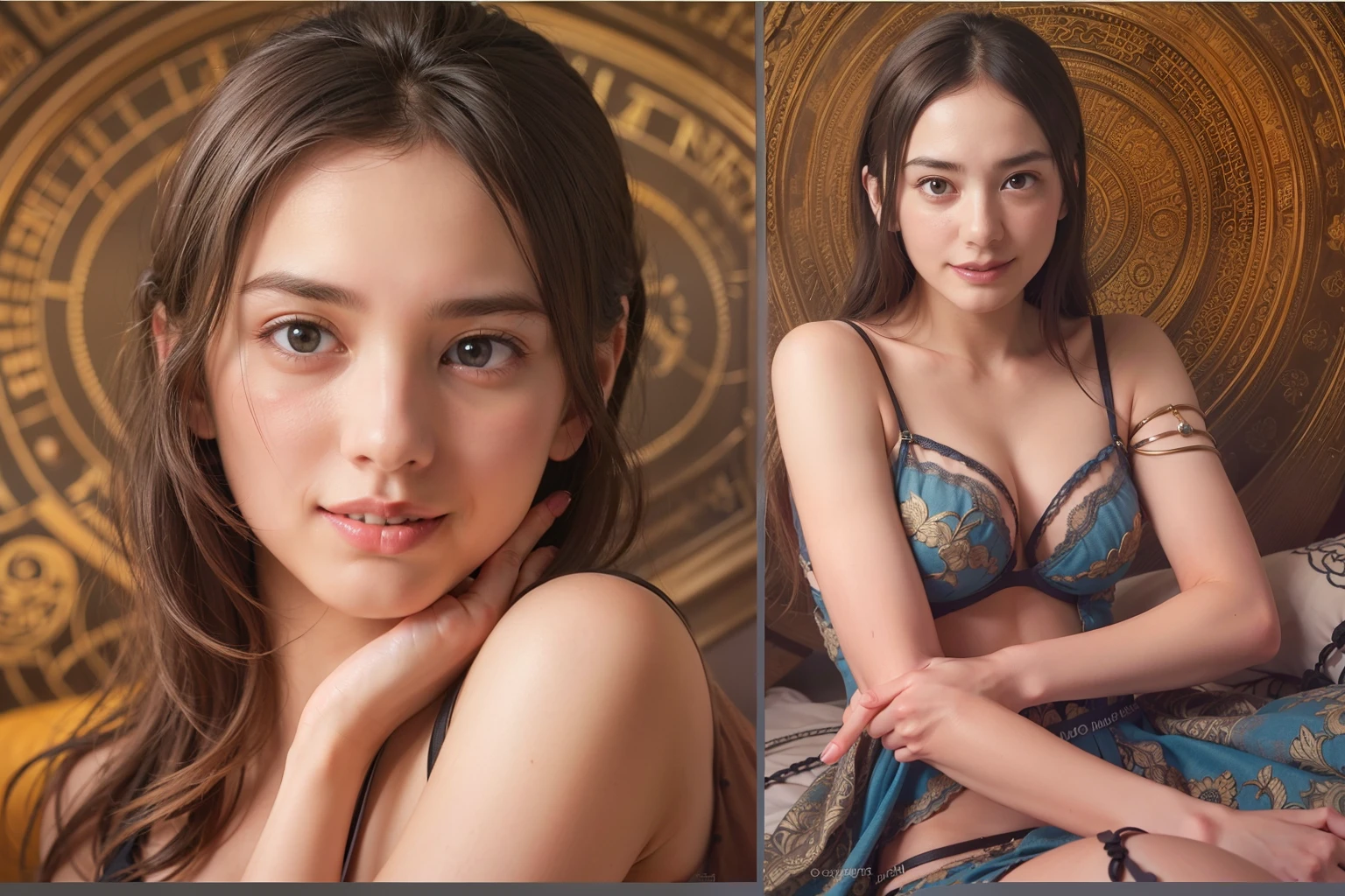 (2 beautiful age Italian girls:1.6), intimate friends, (They are holding each other:1.2), kissing her cheek or breast,(Detailed iridescent bodysuit with beautiful fractal or marble design:1.5), (Beautiful and d delicate ruby, topaz, emerald and sapphire jewelry:1.6), Complex and colorful biomechanical bodysuit, Zentangle, mandalas, Entangled, Vulgarity, beautiful breast, (Open legs:1.4), obscenity, (Lewd smile:1.2), coarse, Obscene, mean, (raunchy:1.2), (Immoral:1.2), Lachish, (small breasts with beautiful raised pink areolas:1.5), (Cameltoe), (Expression of ecstasy:1.2), Photorealistic, Official art, Unity 8k wallpaper, 8K Portrait, Best Quality, Very high resolution, (Incredibly beautiful nature background:1.6), One girl, One incredibly beautiful teenitalian girl, (18 years old:1.5), (amazingly sexy and glamorous:1.1), (A coquettish expression:1.6), (seductively smiling:1.6), (Full body), (erotic posing on the bed:1.5), Beautiful seductive face, Portrait, (Thick eyebrows:1.2), (Big purple eyes:1.2), Beautiful eyes with fine symmetry, (Ultra detailed eyes:1.4), (High resolution eyes:1.1), Intimate face, (ultra detailed skin texture:1.4), White skin, pale skin, Perfect Anatomy, Thin, (Beautiful toned body:1.1), Hair Bow, (Moist skin:1.1), full of sweat, No makeup, dark circles, Good anatomy, Focus Face, good-looking, (Emilia Clark:0.6) (Emma watson:0.3),(Jennifer Connelly:0.4), (sensual face:1.5), Elegant face, Nice, Dolce, Cyberpunk Sci-Fi, (Gauntlets with intricate and beautiful designs:1.2), Blurred background, Blurred foreground, depth of fields, (Motion Blur:1.1), (Small breasts:1.2), Sheer breast, (beautiful boob:1.2), (NSFW:1.4), large hips, drivel, Juice stain, grabbing on breasts, (Slim and toned body:1.5), (Low-cut punk medieval armor:1.2), (Bright chrome gold lingerie with sharp reflections:1.2) (Pedras preciosas:1.2),