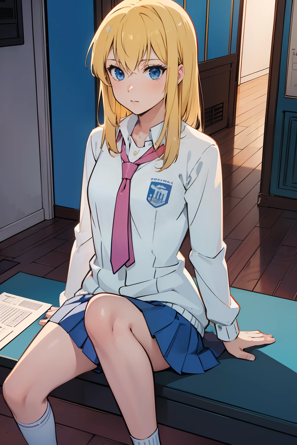 solo, 1girl, (masterpiece), ((16 year old appearance)), Blonde hair, Medium hair, blue eyes, anime girl,  small breasts, School uniform, cyberpunk