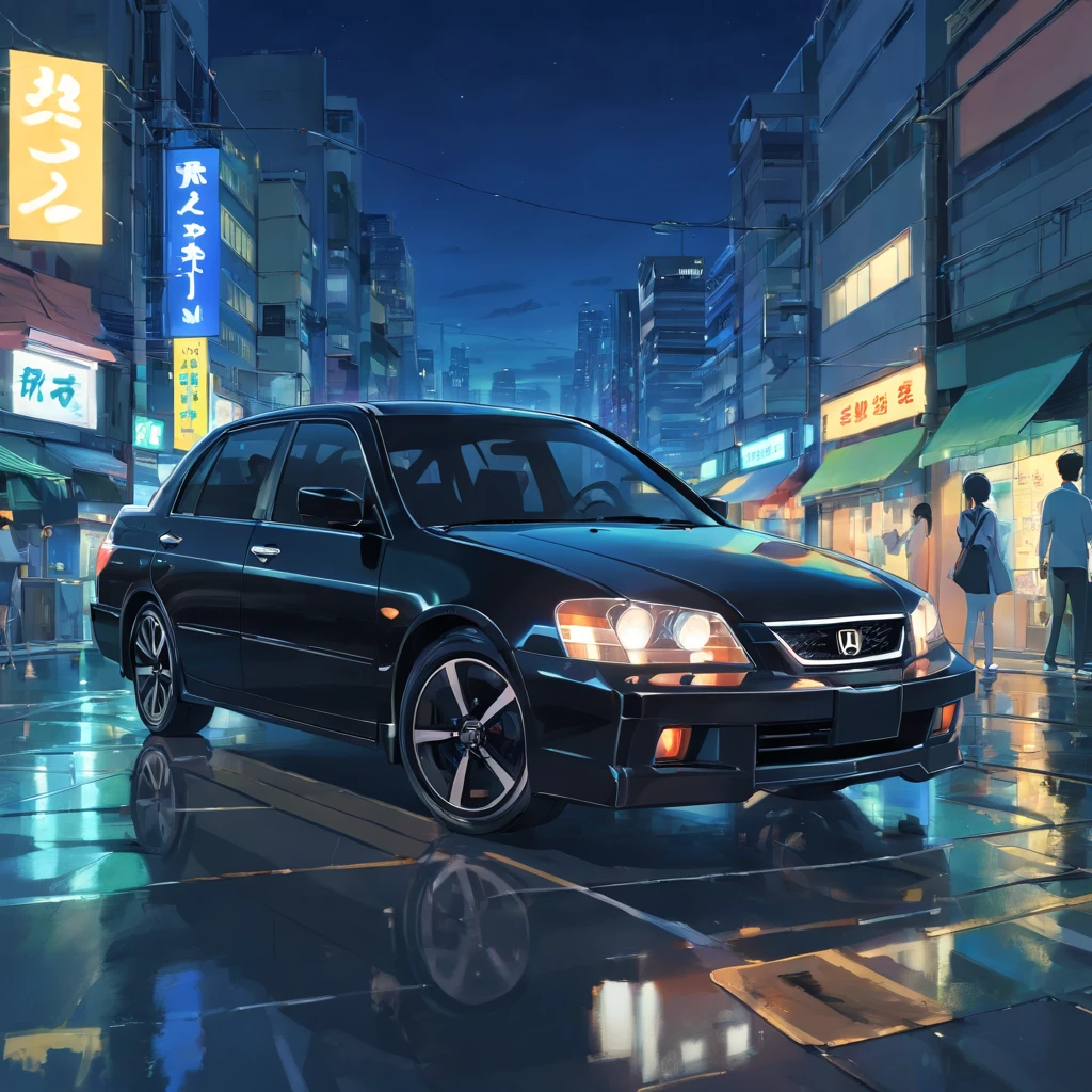 a black 2009 honda accord combi, riding in a city, at night, realistic photo, detailed