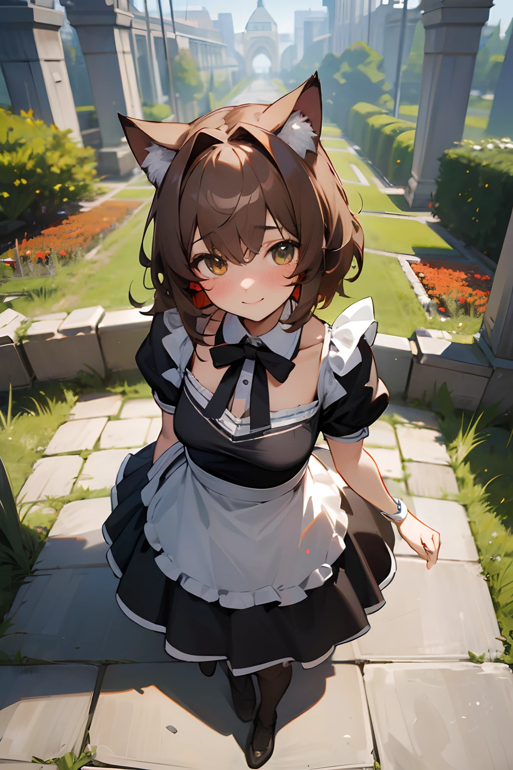 ((Masterpiece)), (High Definition:1.3), (Professional Photography:1.2), best quality, 8K, Textured skin, cinematic lighting, 1girl, from above, wide-shot, ((Spoken Heart)), (Cute innocent age girl), slendar body and small breast, very messy medium hair, (Wearing cute maid uniform), blush and smile, cat ears, pale brown hair, model posing in the ruin garden, autumn day