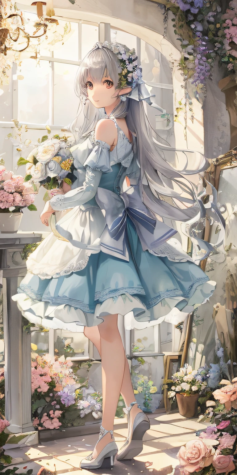 (tmasterpiece、top-quality、illustratio、Extremely high quality、high-level image quality、Extremely sensitive writing)Girl with long silver hair standing in beautiful flowery garden、A slight smile、beast ear,standing on your feet,,She has a large bouquet、Lovely dress,There are ruffles on the shoulders、Trimmed skirt,Pattern,Translucent frontal photo,shoe, Close-up of princess shoes,leges, long skirt