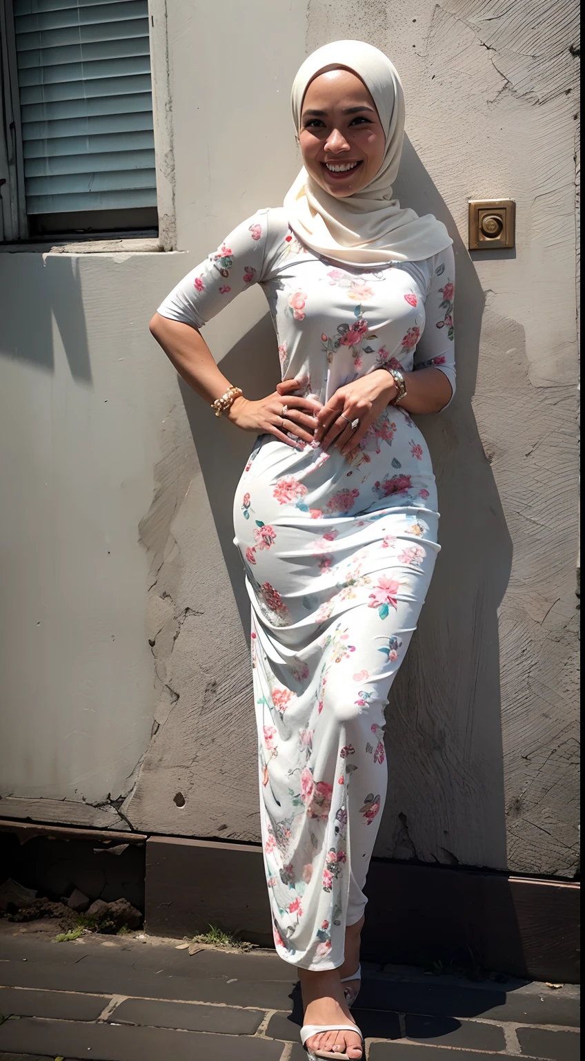 1 malay woman in hijab,((wear tight white baju kurung with small floral pattern)),(big buttocks), big round ass, Small chest, laughing smile, (hijab flying), de pele branca,big breasts thin waist, mexico-style street, Hyper-Realism, Cinematic lighting, depth of fields, From back below, vanishing point, F/2.8, Anatomically correct, Textured skin, Super Detail, awardwinning, Best Quality, hight resolution,