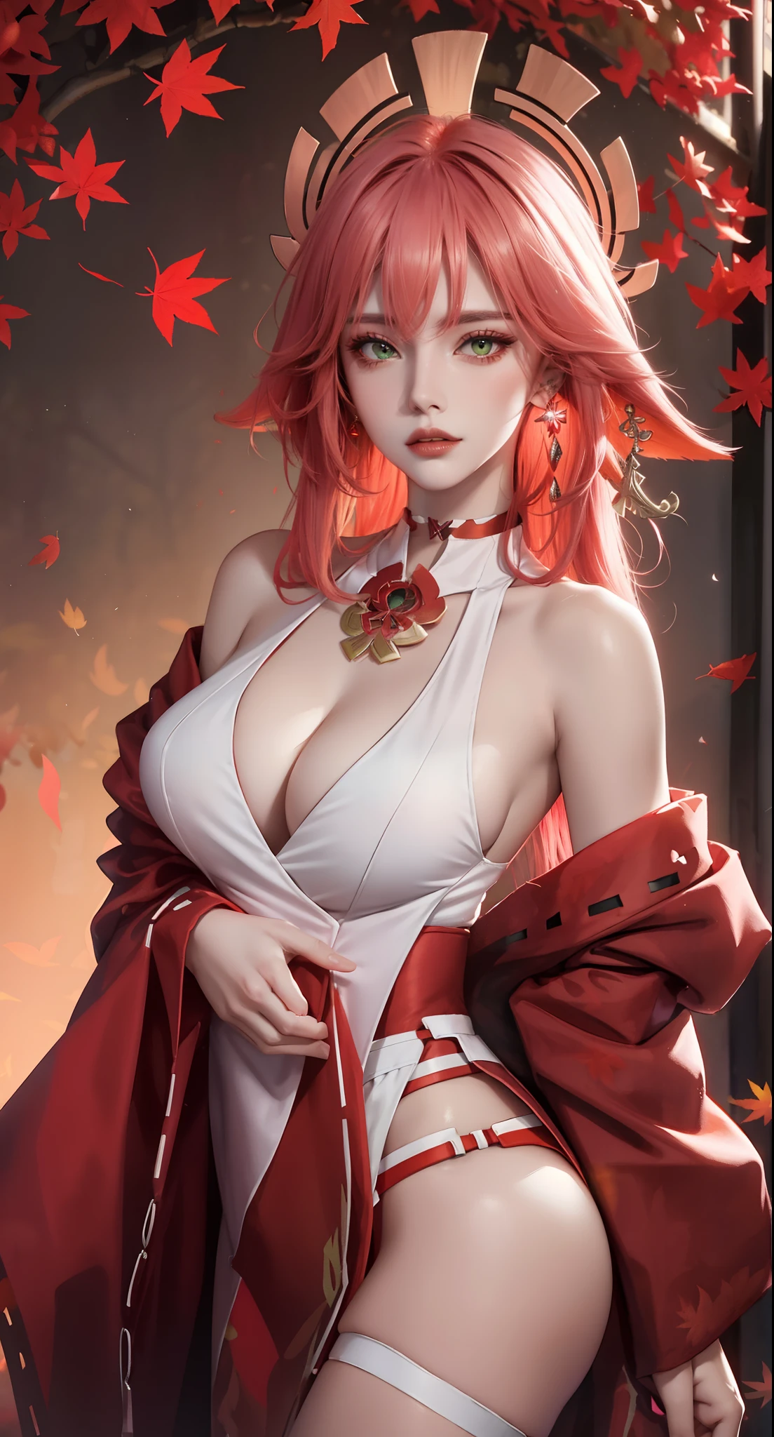 ((autumn background))), ((red leaves trees background)))), (((luminous background))), (Masterpiece, Excellent, 1girl, solo, complex details, color difference), realism, ((medium breath)), off-the-shoulders, big breasts, sexy, Yae Miko, long pink hair, red headdress, red highlight, hair above one eye, green eyes, earrings, sharp eyes, perfectly symmetrical figure, choker, neon shirt, open jacket, turtleneck sweater, graffiti, dim lighting, alley, looking at the audience, ((mean, seductive, charming)), (dynamic pose), tulle, bare shoulders, blooming flower fields, radiant skin, faint smile, sexy, bust, no breast cover, naked, cocked ass, tummy look