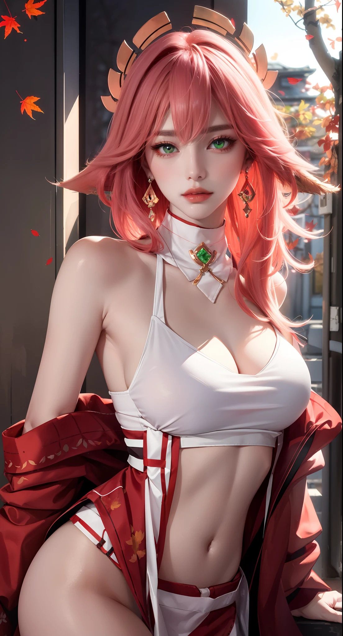 Casual walking pose, capturing movement, (Masterpiece, Excellent, 1girl, solo, complex details, color difference), realism, ((medium breath)), off-the-shoulders, big breasts, sexy, Yae Miko, long pink hair, red headdress, red highlight, hair above one eye, green eyes, earrings, sharp eyes, perfectly symmetrical figure, choker, neon shirt, open jacket, turtleneck sweater, graffiti, dim lighting, alley, looking at the audience, ((mean, seductive, charming)), tulle, bare shoulders, blooming flower fields, radiant skin, faint smile, sexy, bust, no breast cover, naked, cocked ass, tummy look