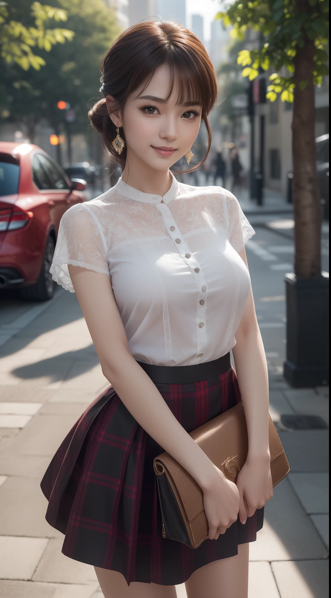8k, masterpiece, RAW photo, best quality, photorealistic, extremely detailed CG unity 8k wallpaper, Depth of field, Cinematic Light, Lens Flare, Ray tracing, (extremely beautiful face, beautiful lips, beautiful eyes), intricate detail face, ((ultra detailed skin)) 1girl, in the dark, deep shadow, pretty Asian girl, idol, 1 girl, (very slim slender fit-muscled body:1.3), ((looking at viewer)),(big smile:1.3), ((laced blouse)), (short sleeve) , (daylight big buildings, tree, (blurred background) cityscape, rooftops, beautiful earrings, clear eyes, (pale skin), (big eyes), face forward, (brown hairs),((plaid skirt)), (looking at viewer:1.3), open breast, (very slim), medium breasts, ((high heels)), full body shot