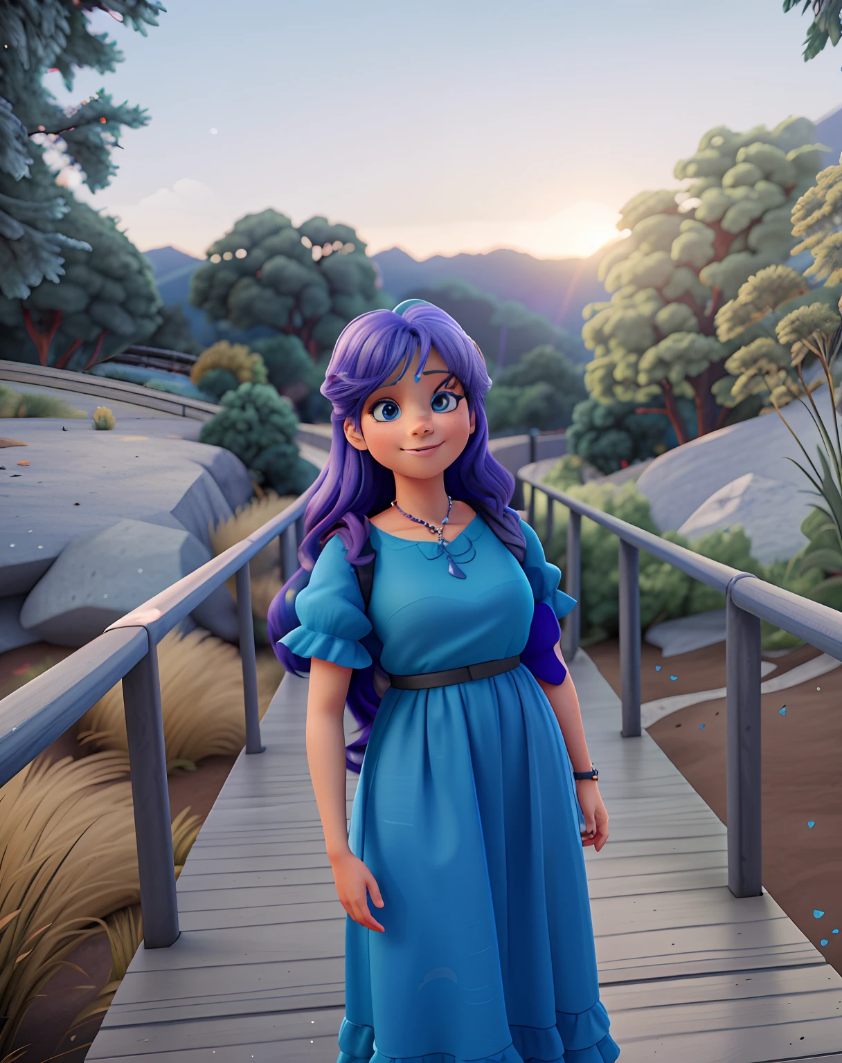 There is a woman standing on a bridge in a blue dress, render de uma menina anime 3d bonito, Estilo de anime 3D realista, Anime estilo 3D, in style of disney animation, realistic fantasy rendering, animation style rendering, 3 d anime realista, semi-realistic rendering, 3 d render stylized, photorealistic anime girl rendering, azul realista 3 d render Qualidade de imagem 8K,Cabelos prateados,menina de olhos vermelhos,pequeno bonito ,Cabelos Longos,reconfortante,uma minissaia,Lolita,um sorriso,Estilos de miniatura,maid clothes,Pescador,olhando de cima para baixo,um sorriso,Esbian de corpo inteiro,Mountains from the bottom of the heart, palmeiras e sol, vetorizado, Synthwave, roxo azul vermelho laranja, cores neon brilhantes em um fundo escuro,