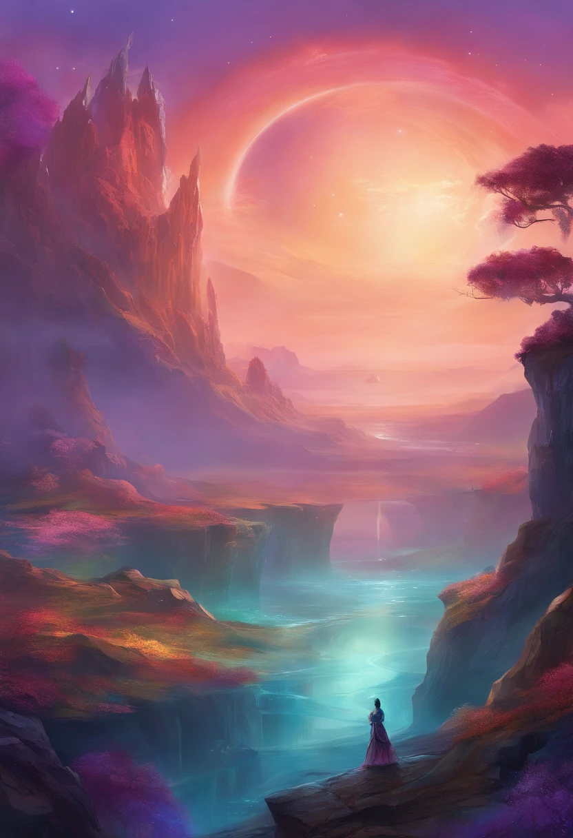Gas giant planet surface with a vast expanse of swirling violet and teal skies, adorned with floating islands of elemental essence, cradles a world where air, fire, water, and earth converge, a realm where harmony and mastery of the elements are etched into the very fabric of Vryndara's breathtaking landscape.