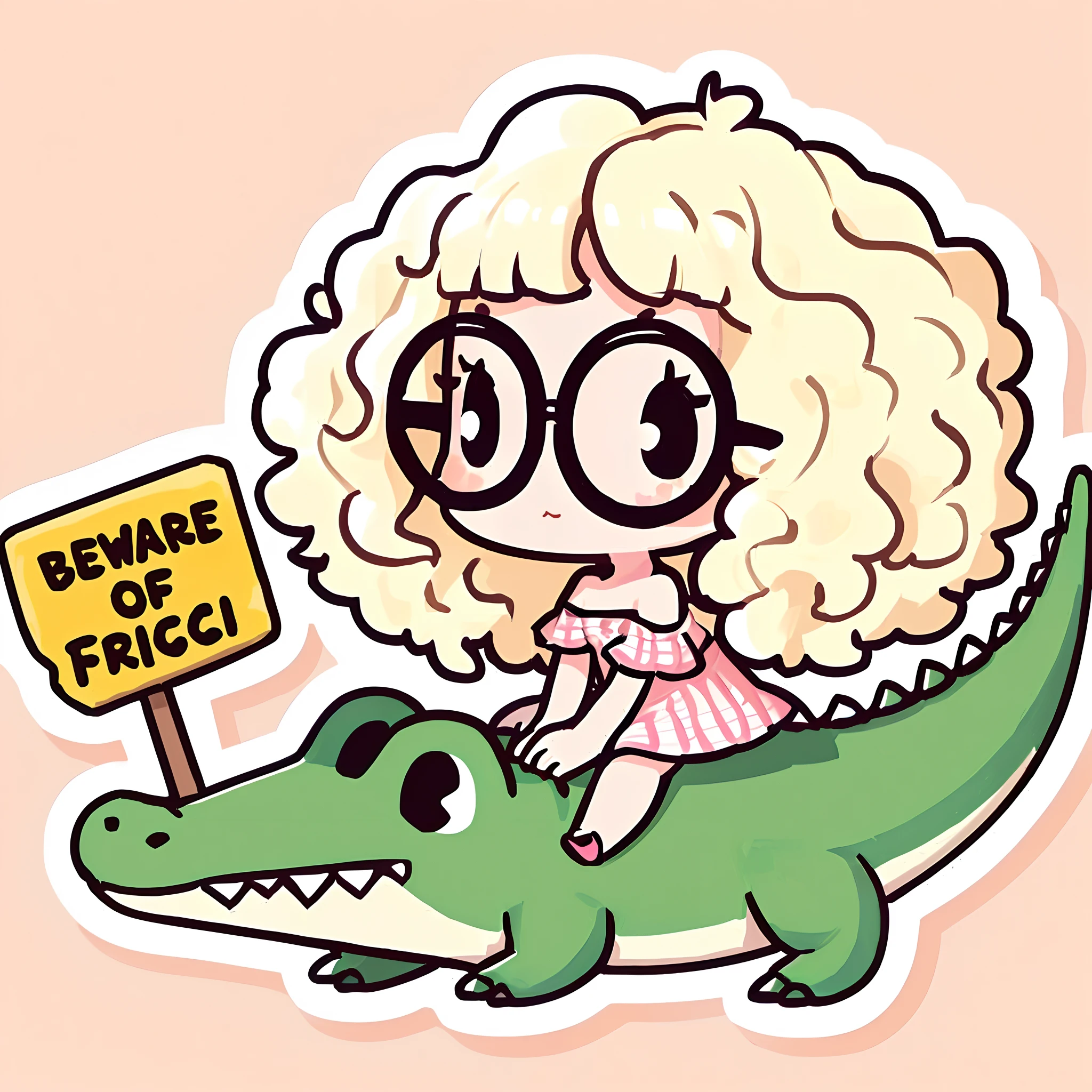 cartoon girl with curly hair and glasses riding a crocodile, crocodile loki, curly blonde hair | d & d, rebecca sugar, cute art style, scaly!!!, cute axolotl, official fanart, chibi girl, sticker illustration, chibi art, inspired by Abidin Dino, inspired by Leo Leuppi, charicature, chibi monster girl, cute artwork