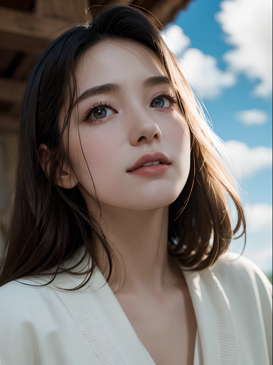 (Digital art like a movie: 1.3), high quality, masterpiece, 最high quality, Super detailed, figure, [4k digital art]!!、 Kyoto Animation Style, One Woman, clavicle Beauty, clavicle, Light, hope, blue sky, positive, Challenge, motivation, shine, Dynamic Perspective