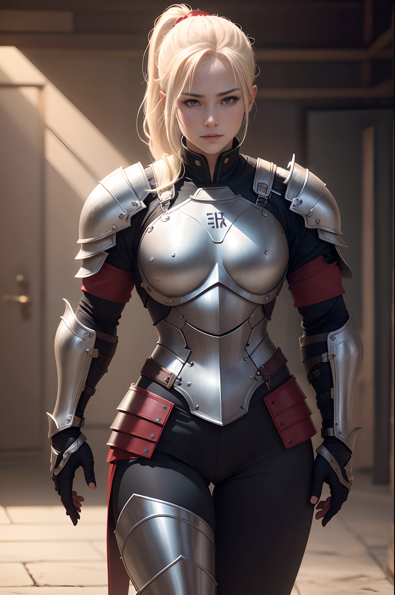 Beautiful mature blonde ponytail female knight、Bright red chest armor、Black pants and red leg armor ((Muscular and macho slim body and lower body))、Carrying a large sword at the waist、Has a large shield A smile enticing A sexy Photorealsitic、a picture、masterpiece、reallistic、真实感、photorealisim、High contrast、Photorealistic Art Station Trend Digital Art 8k HD High Resolution Explanation Real, detaileds, Skin Texture, ultra-detailliert, realistic skin textures, armature, top-quality, 超A high resolution, (Photorealsitic:1.4),, hight resolution, detaileds, Raw foto, Sharp Re, Nikon D850 Film Stock Photo by Lee Jefferies 4 Kodak Portra 400 Camera F1.6 lenses rich colors hyper realistic lifelike textures dramatic lighting unreal engine artstation trends synestil 800,5Precision details of beautiful hands with fingers