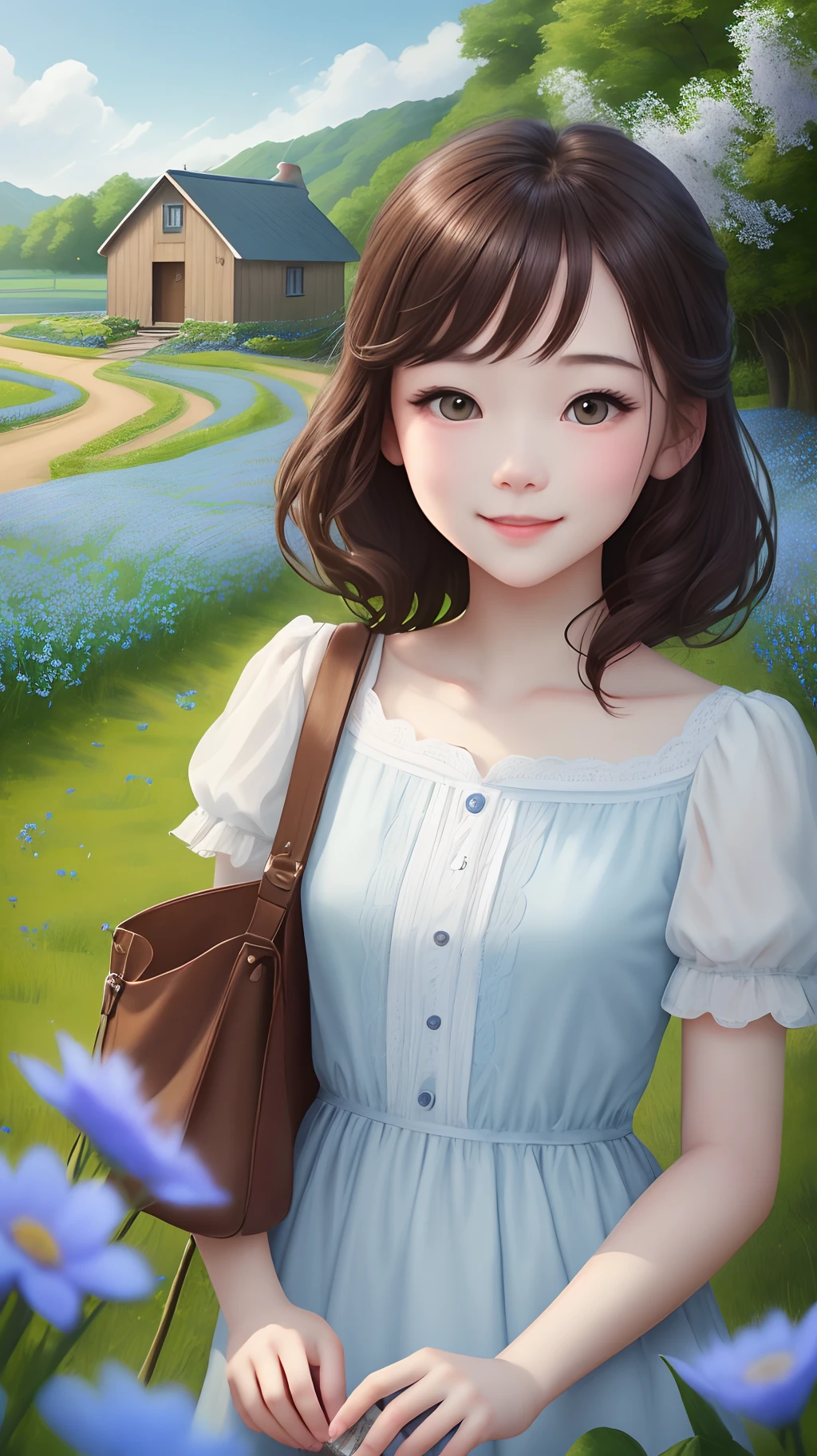 A charming  girl，Brunette and her money，Enjoy a lovely spring outing surrounded by beautiful blue flowers and nature。Country lanes，Fenced hut，The illustration is a high-definition illustration in 4K resolution，With very detailed facial features and cartoon-style visuals。