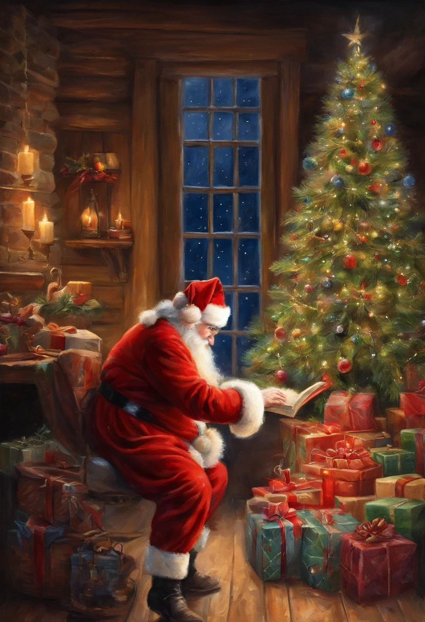 En una casa de estilo europeo，Santa Claus is looking at the gift list，Christmas Tree Gift Decoration, santa, The flat is full of Christmas gifts，Very high resolution, arte tradicional, Estudio Santa Claus, ultrahigh resolution, 插圖, Noche de Navidad, extremely high resolution, Santa Claus en un granero rural, Hyper Realisitc，exquisito、mejor calidad、ultra detallado、fin、Detalles de posicionamiento、Colorido colorido