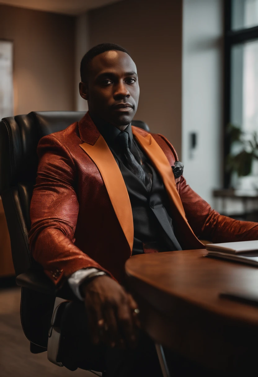 35 years old man black man with a costume seating in his big ceo chair in his office