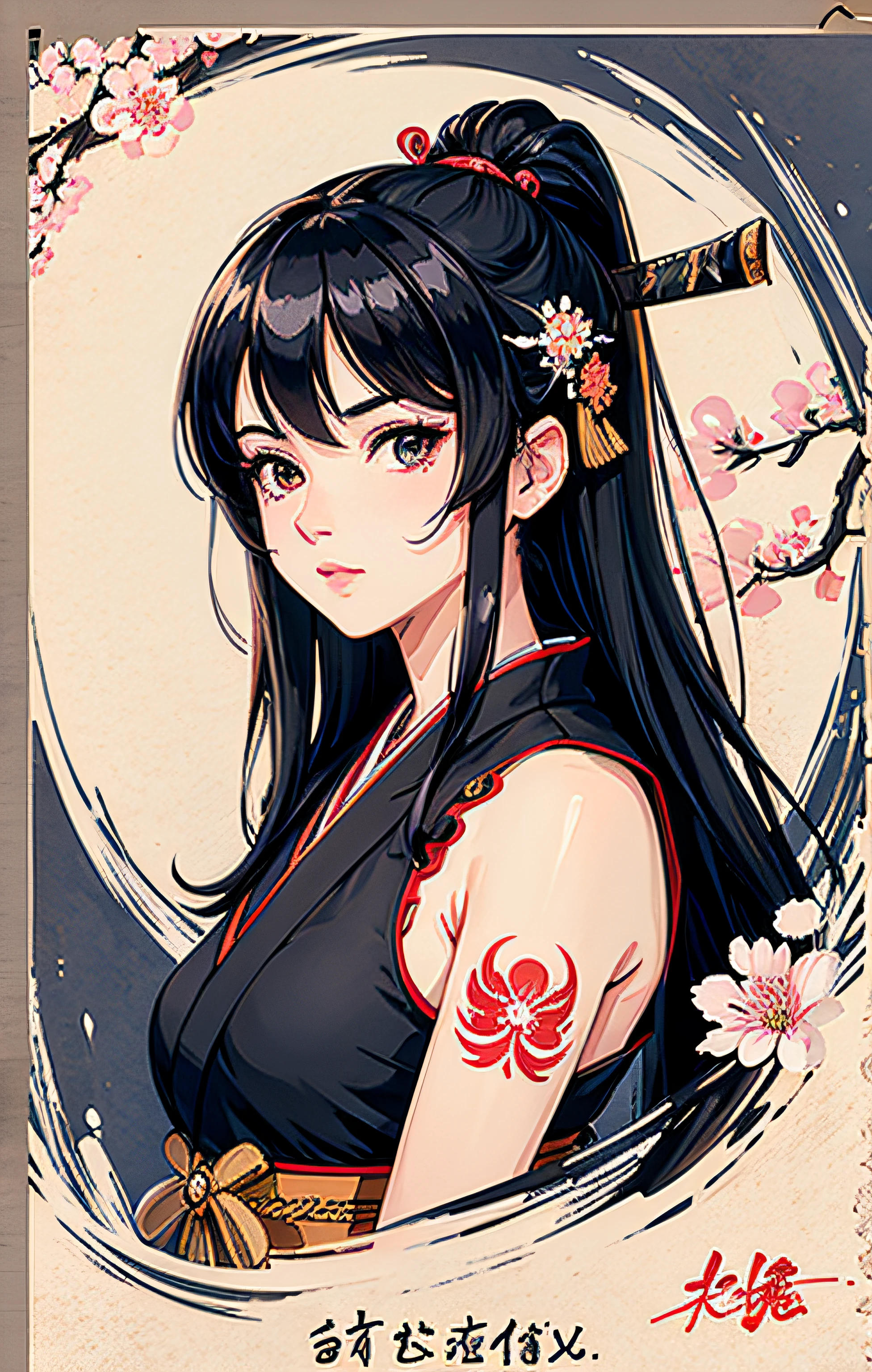 1girl,flat_breasts,cute,beautiful detailed eyes,shiny hair,visible through hair,hairs between eyes, movie poster, (Masterpiece, Best Quality), 8k Wallpaper, highly detailed, sexy female ronin, samurai, cherry blossom flowers border, japanese tattoos,  katana, japan, night, moonlight, vector style art, erotic, movie poster style, lettering.
Black_hair,