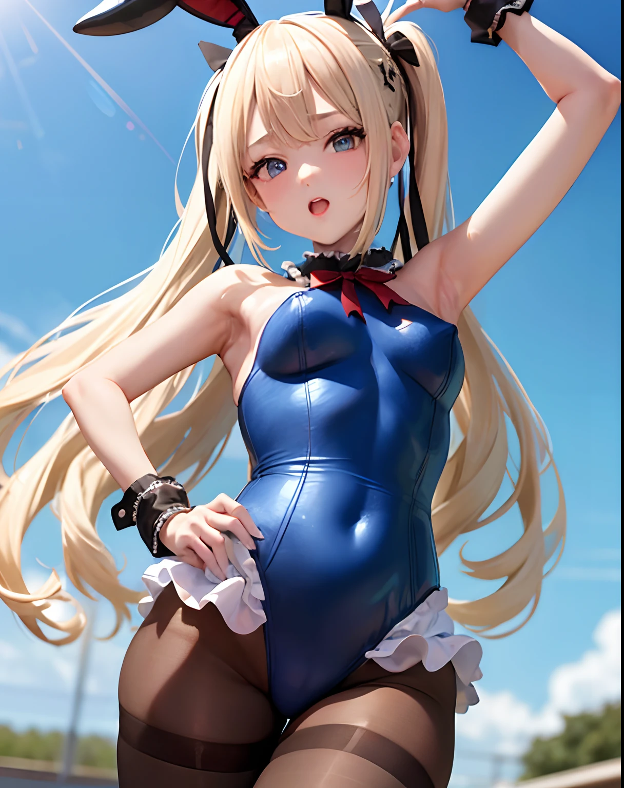 masterpiece、hiquality、1girl in、独奏、Marie Rose、cowboy shot、embarassed expression、((Casino))、((bunnygirl))、((Leotard))、((pantyhose))、Put your hands on your hips、(White cuffs)、natta、(Bare chest from the neck)