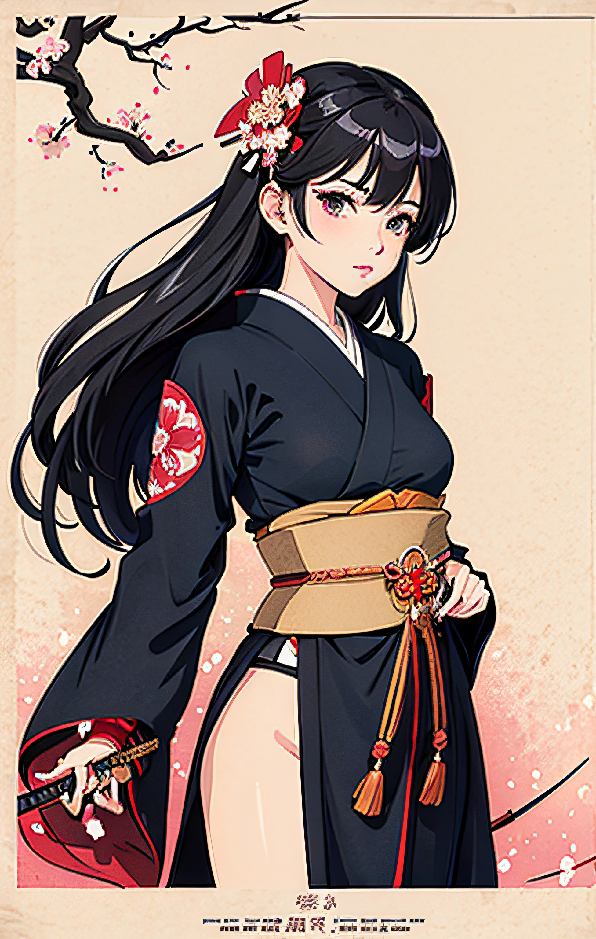 1girl,flat_breasts,cute,beautiful detailed eyes,shiny hair,visible through hair,hairs between eyes, movie poster, (Masterpiece, Best Quality), 8k Wallpaper, highly detailed, sexy female ronin, samurai, cherry blossom flowers border, japanese tattoos,  katana, japan, night, moonlight, vector style art, erotic, movie poster style, lettering.
Black_hair,