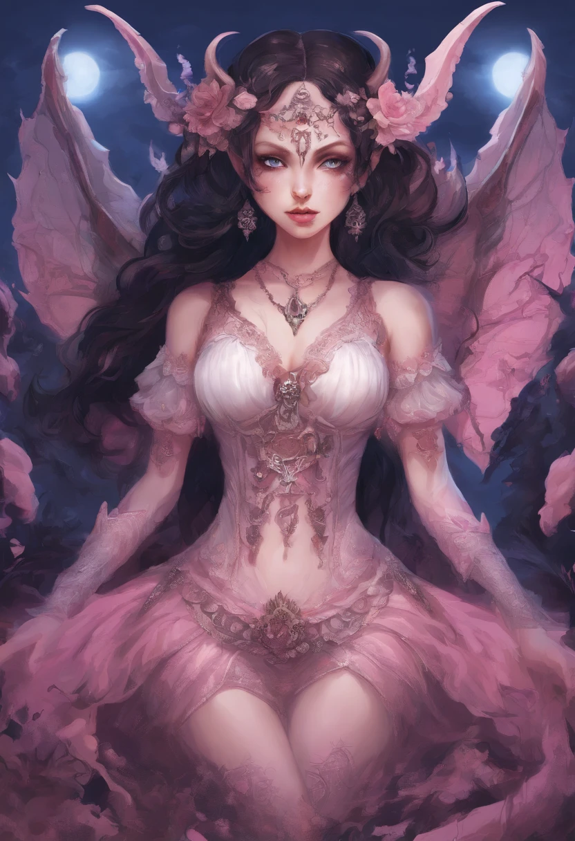 Sun kissed Skin Succubus girl, blue eyes, dark brown hair, white horns, Pink and black clothing