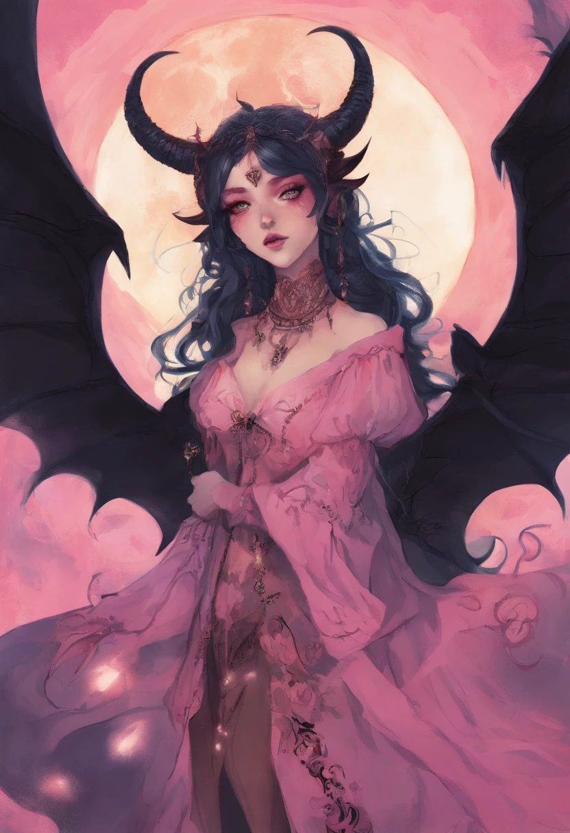 Sun kissed Skin Succubus girl, blue eyes, dark brown hair, white horns, Pink and black clothing