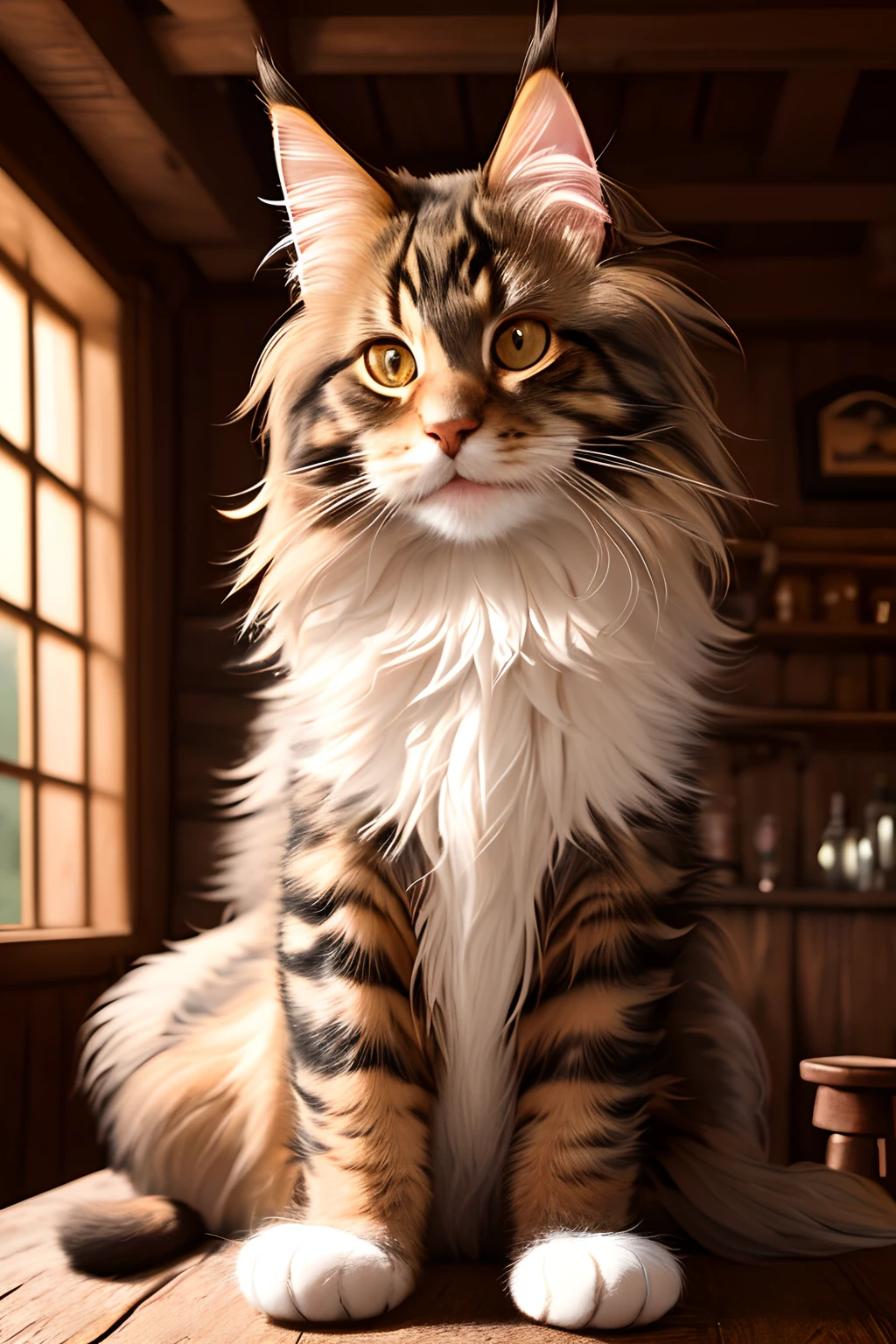 modelshoot style, 8k, portrait of a cute maine coon cat sitting on a wooden table in a medieval tavern, detailed fur, trending on ArtStation, trending on CGSociety, Intricate, High Detail, Sharp focus, dramatic lighting, digital painting, digital art, by artgerm, by Liang Xing, by WLOP