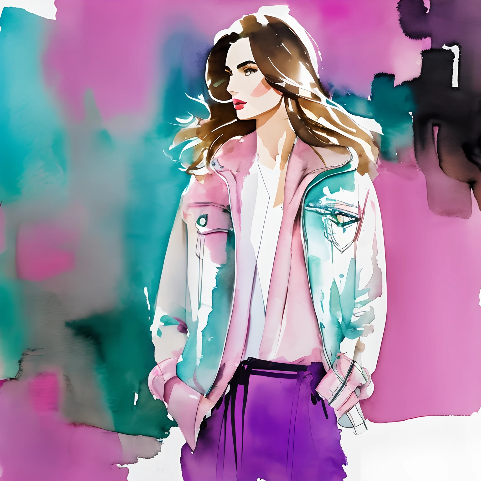 David Downton fashion illustration watercolor, light brown blonde thin hair 1woman, Andreea Diaconu, fluffy pink sweater, light blue trendy denim jacket, apple green tea, Paris street, lilac