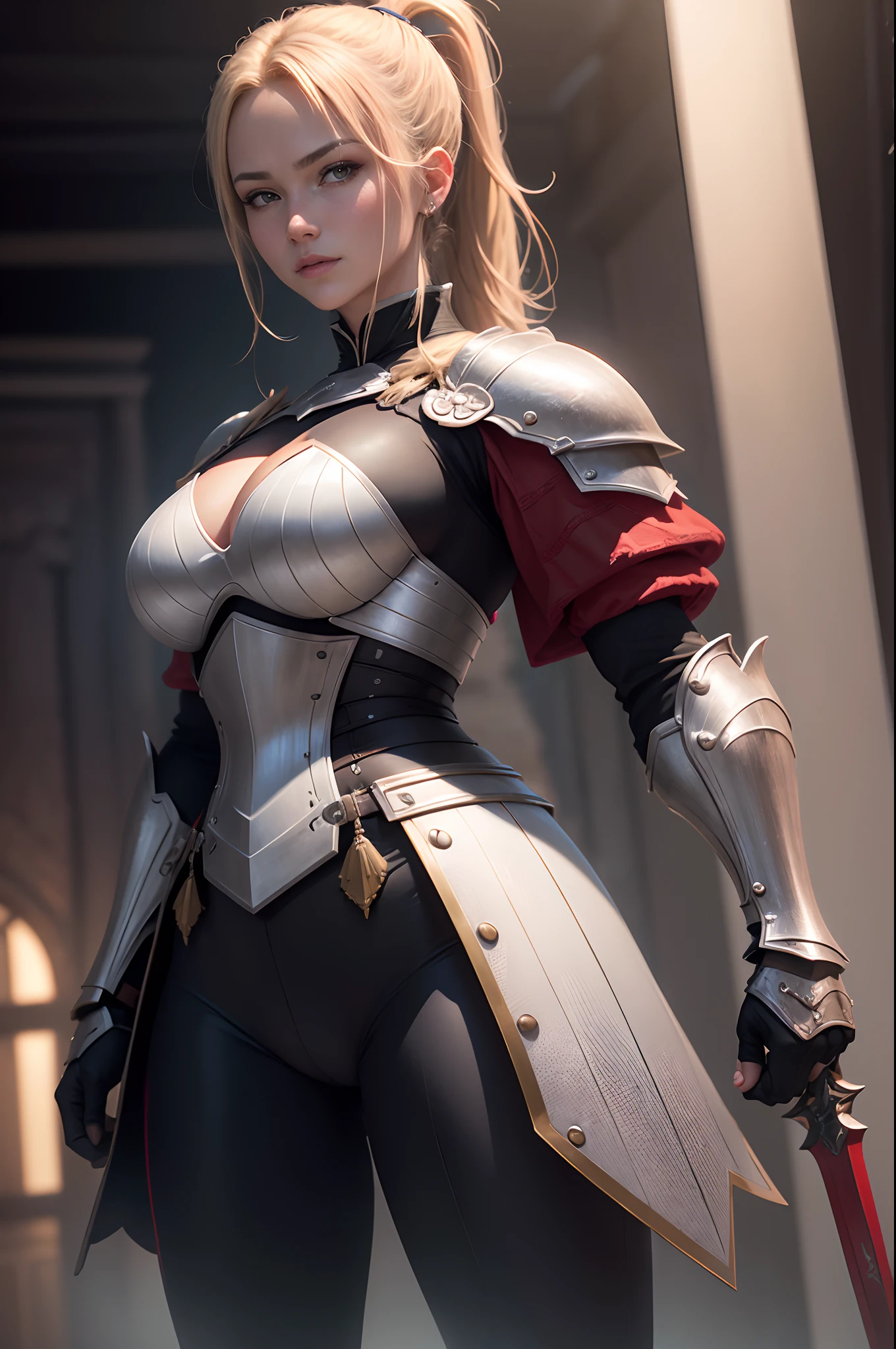 Beautiful mature blonde ponytail female knight、Bright red chest armor、Black pants and red leg armor　((Muscular and macho slim body and lower body))、Carrying a large sword at the waist、Has a large shield　A smile　large full breasts　enticing　Emphasizes cleavage　A sexy　Photorealsitic、a picture、​masterpiece、reallistic、真实感、photorealisim、High contrast、Photorealistic Art Station Trend Digital Art 8k HD High Resolution Explanation Real, detaileds, Skin Texture, ultra-detailliert, realistic skin textures, armature, top-quality, 超A high resolution, (Photorealsitic:1.4),, hight resolution, detaileds, Raw foto, Sharp Re, Nikon D850 Film Stock Photo by Lee Jefferies 4 Kodak Portra 400 Camera F1.6 lenses rich colors hyper realistic lifelike textures dramatic lighting unreal engine artstation trends synestil 800,５Precision details of beautiful hands with fingers