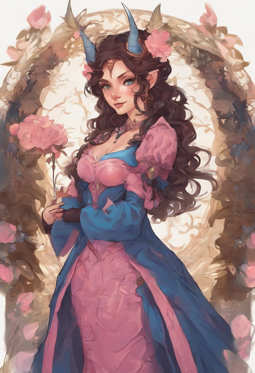 Sun kissed Skin Teifling girl, blue eyes, dark brown hair, white horns, Pink and black clothing, Critical Roll Style, DnD