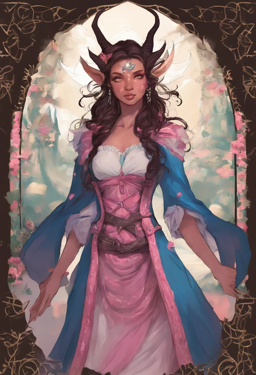 Sun kissed Skin Teifling girl, blue eyes, dark brown hair, white horns, Pink and black clothing, Critical Roll Style, DnD