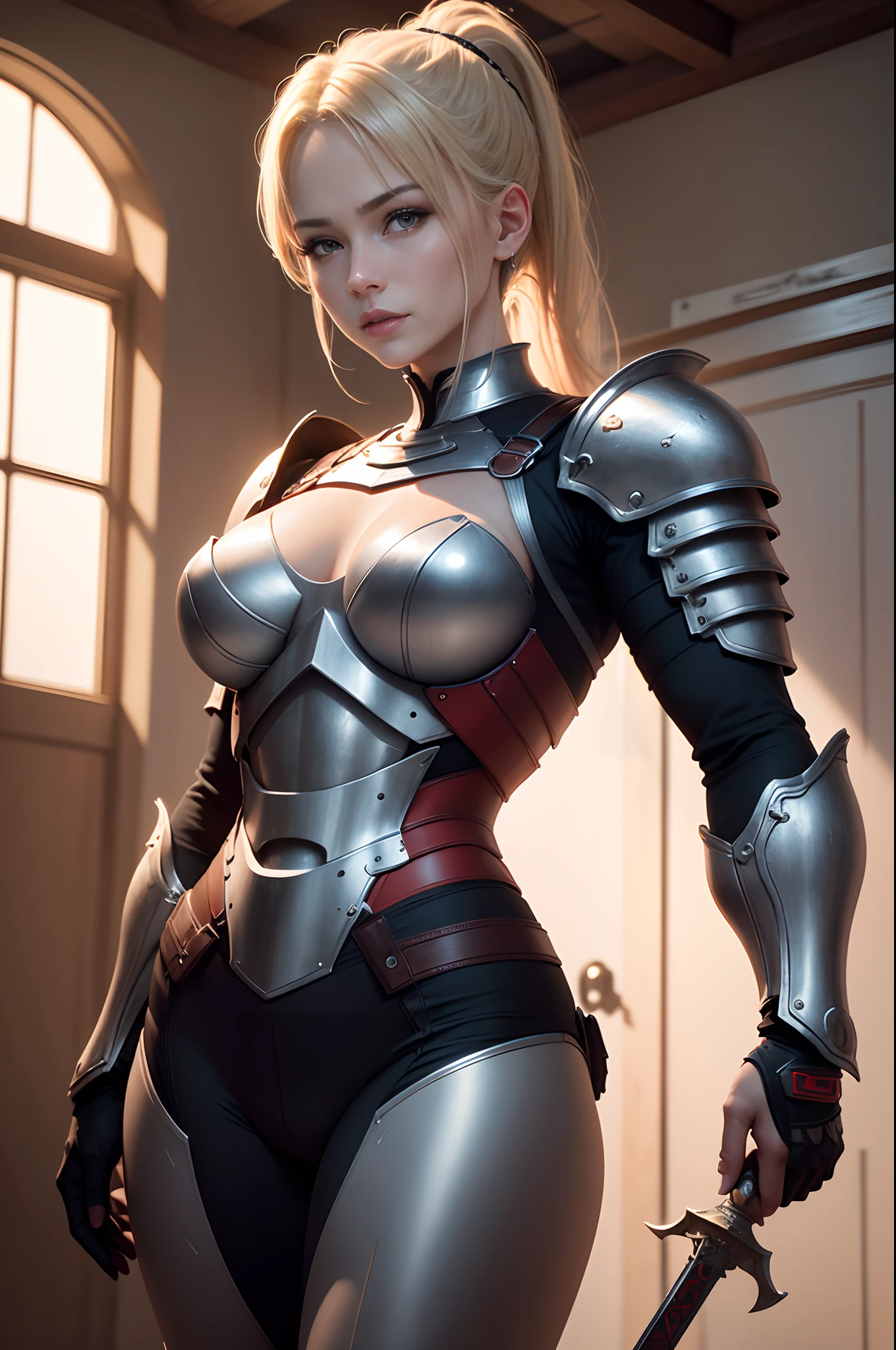 Beautiful mature blonde ponytail female knight、Bright red chest armor、Black pants and red leg armor ((Muscular and macho slim body and lower body))、Carrying a large sword at the waist、Has a large shield A smile large full breasts enticing Emphasizes cleavage A sexy Photorealsitic、a picture、masterpiece、reallistic、真实感、photorealisim、High contrast、Photorealistic Art Station Trend Digital Art 8k HD High Resolution Explanation Real, detaileds, Skin Texture, ultra-detailliert, realistic skin textures, armature, top-quality, 超A high resolution, (Photorealsitic:1.4),, hight resolution, detaileds, Raw foto, Sharp Re, Nikon D850 Film Stock Photo by Lee Jefferies 4 Kodak Portra 400 Camera F1.6 lenses rich colors hyper realistic lifelike textures dramatic lighting unreal engine artstation trends synestil 800,5Precision details of beautiful hands with fingers