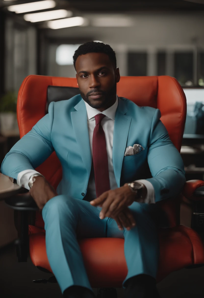 35 years old man black man with a costume seating in his big ceo chair in his office he is looking at the camera