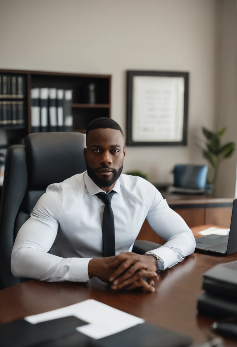 35 years old man black man with a costume seating in his big ceo chair in his office he is looking at the camera