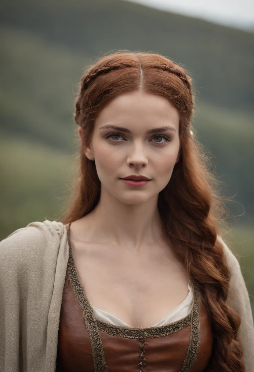 (((uma ferida avermelhada profunda atravessa sua bochecha esquerda)))  mulher viking em torno de 27 anos, cabelos brancos naturais, olhos azuis distintos, vestindo kohl, slender and graceful, Beautiful, luz de velas em um ambiente medieval, Ultra sharp focus, tiro realista, roupas femininas vikings, cores tetradicas, cicatriz no rosto (cicatriz:1.4)