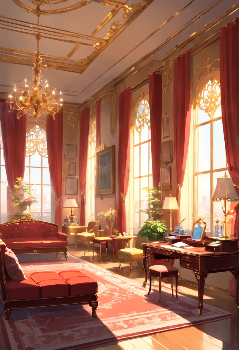 And now I felt a gentle push at the small of my back, and a tug at my hand, as if the room itself was inviting me in. “No--my shoes--” I began, but the push and the tug became firmer and I found myself stepping awkwardly across the threshold, onto the embroidered crimson velvet. The furniture was as grand as the room itself, carved and gilded and polished until it glowed in the sunlight streaming in the windows. There was an enormous bed on a dais, canopied in gold with a sheer white counterpane; the largest dressing-table I could imagine, covered with brushes and combs and cut-glass bottles of perfume and cosmetics; a writing-desk so elegant I could hardly imagine sitting at it; and rich golden velvet sofas and chairs scattered throughout the room, so that I could sit nearly anywhere if the mood suddenly struck me. I took another step into the room, my eyes wandering from the gorgeous walls to the magnificent furniture to the lofty ceiling hung with crystal chandeliers--the room was so large it needed five of them.
