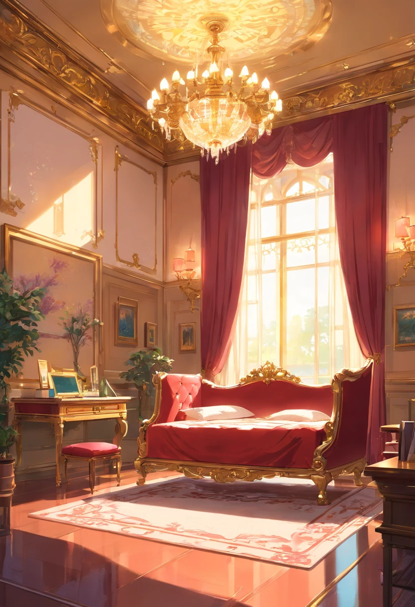 And now I felt a gentle push at the small of my back, and a tug at my hand, as if the room itself was inviting me in. “No--my shoes--” I began, but the push and the tug became firmer and I found myself stepping awkwardly across the threshold, onto the embroidered crimson velvet. The furniture was as grand as the room itself, carved and gilded and polished until it glowed in the sunlight streaming in the windows. There was an enormous bed on a dais, canopied in gold with a sheer white counterpane; the largest dressing-table I could imagine, covered with brushes and combs and cut-glass bottles of perfume and cosmetics; a writing-desk so elegant I could hardly imagine sitting at it; and rich golden velvet sofas and chairs scattered throughout the room, so that I could sit nearly anywhere if the mood suddenly struck me. I took another step into the room, my eyes wandering from the gorgeous walls to the magnificent furniture to the lofty ceiling hung with crystal chandeliers--the room was so large it needed five of them.