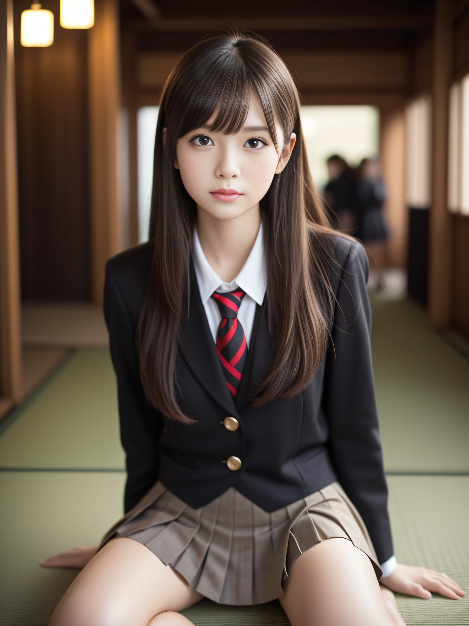 1ung girls, Extremely beautiful, (Extremely cute), (extremely detailed beautiful face), Amazing face and eyes, dark brown hair, Brown eyes, drooing eyes、no-makeup、(Japan High School Uniforms, Pleated mini-skirt:1.3), (high-school uniform:1.2), , (Best Quality:1.4), (Ultra-detailed), extremely detailed CG unified 8k wallpaper, A hyper-realistic, (Photorealsitic:1.3), RAW Photos, professional photograpy, Cinematic lighting, Realistic portrait, Sitting, (Spread your legs wide), (:1.3), ((Bokeh)), depth of fields, View from below、Looking here