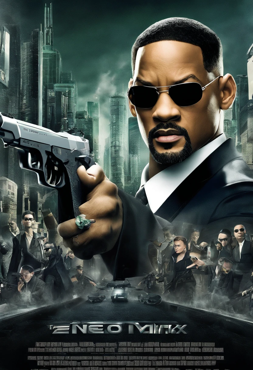 Will Smith als Neo aus Matrix mit zwei Pistolen die er in Zeitlupe anfeuert, ultra Detailliert, best qulaity, Meisterwerk