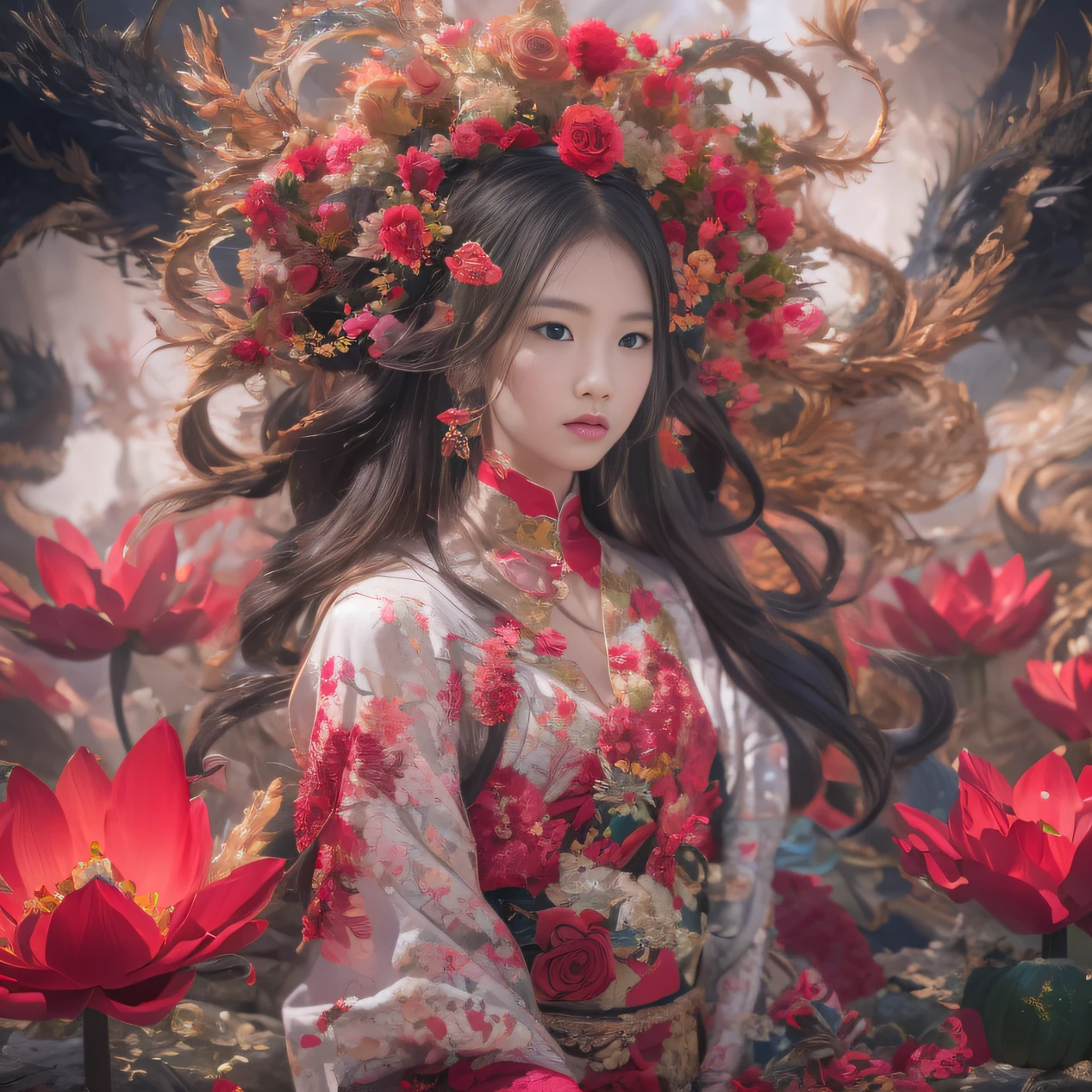 Full body 32K(tmasterpiece,k hd,hyper HD,32K)eat with great relish,(abstract ink splash:1.2)Flowing rouge,ponds,zydink, a color, Asian people (faeries), (long leges), Combat posture, looking at the ground, Burgundy complexion, Flowing rouge curls,Red onyx emerald emerald headdress, Chinese long-sleeved black gold garment, (abstract ink splash:1.2), Pink lotus background,Water lily flower protector(realisticlying:1.4),Rouge hair,Autumn is in full swing,The background is pure, A high resolution, the detail, RAW photogr, Sharp Re, Nikon D850 Film Stock Photo by Jefferies Lee 4 Kodak Portra 400 Camera F1.6 shots, Rich colors, ultra-realistic vivid textures, Dramatic lighting, Unreal Engine Art Station Trend, cinestir 800,Large curls,Flowing rouge