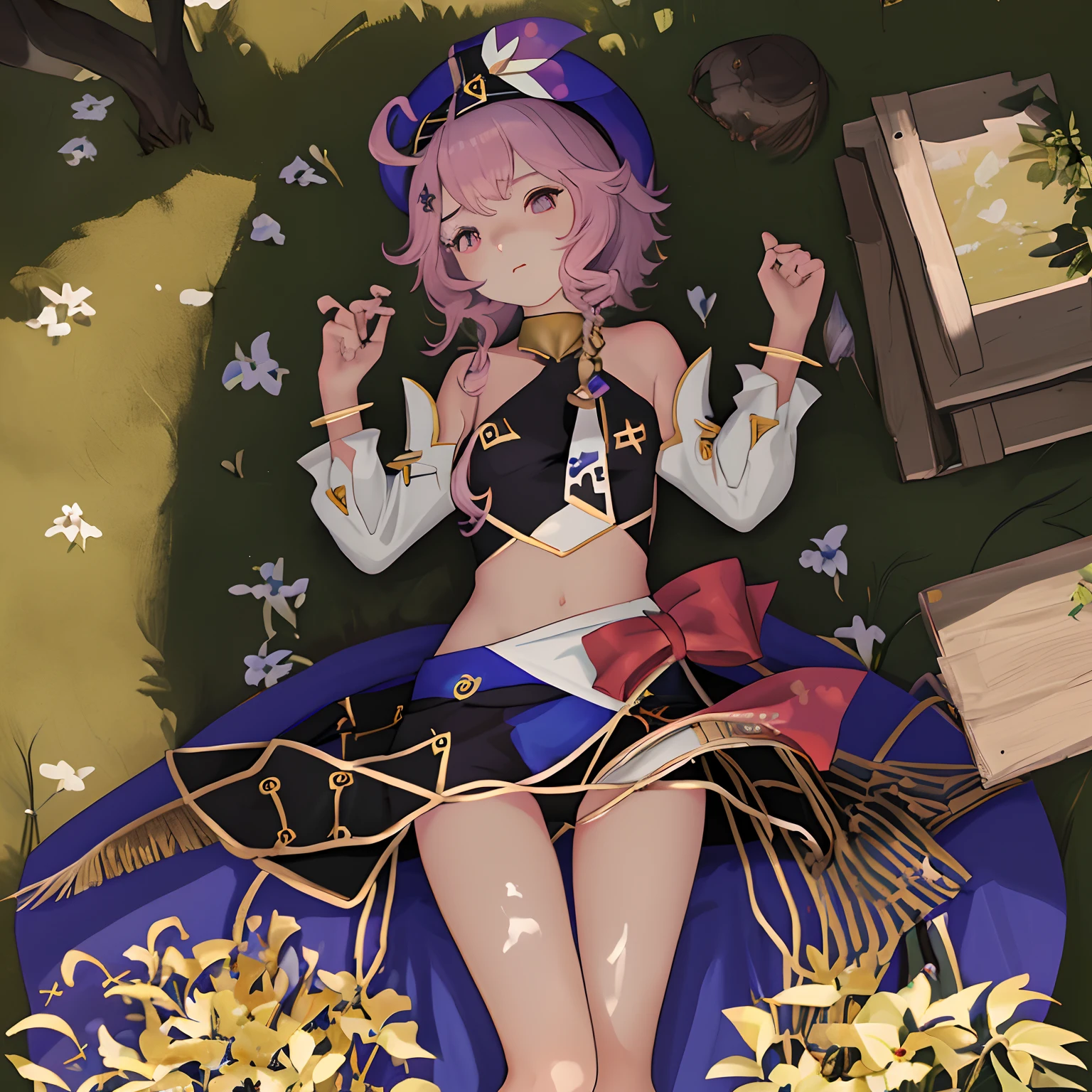 Obra maestra, La mejor calidad, Fondo de pantalla 8K extremadamente detallado, 1girl, al aire libre, Helena(Carril Azur),Vestido sin tirantes, vestido, vestido en capas,Flor Blanca, adorno para el cabello, purple eyes, (gargantilla), contorno, (Guantes negros), piernas desnudas,