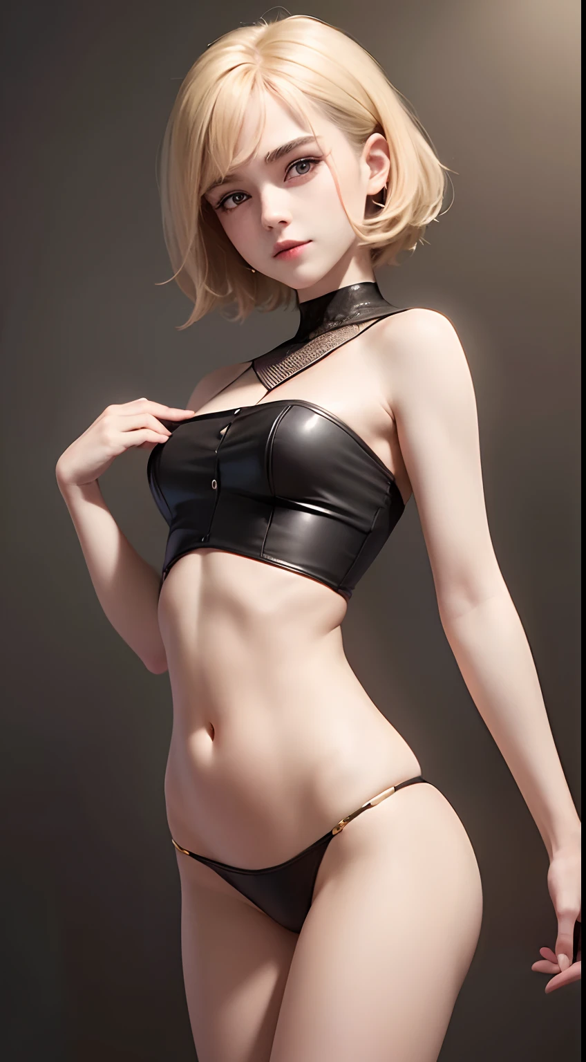 (((Masterpiece))), high detailed, high resolution, 8k, gorgeous skinny ("Kiernan Shipka"), smiling, no breasts, (very flatchest:1.4), unclothed, undressed, black eyebrows, very short blonde pixie hair style, very voluptuous large hips