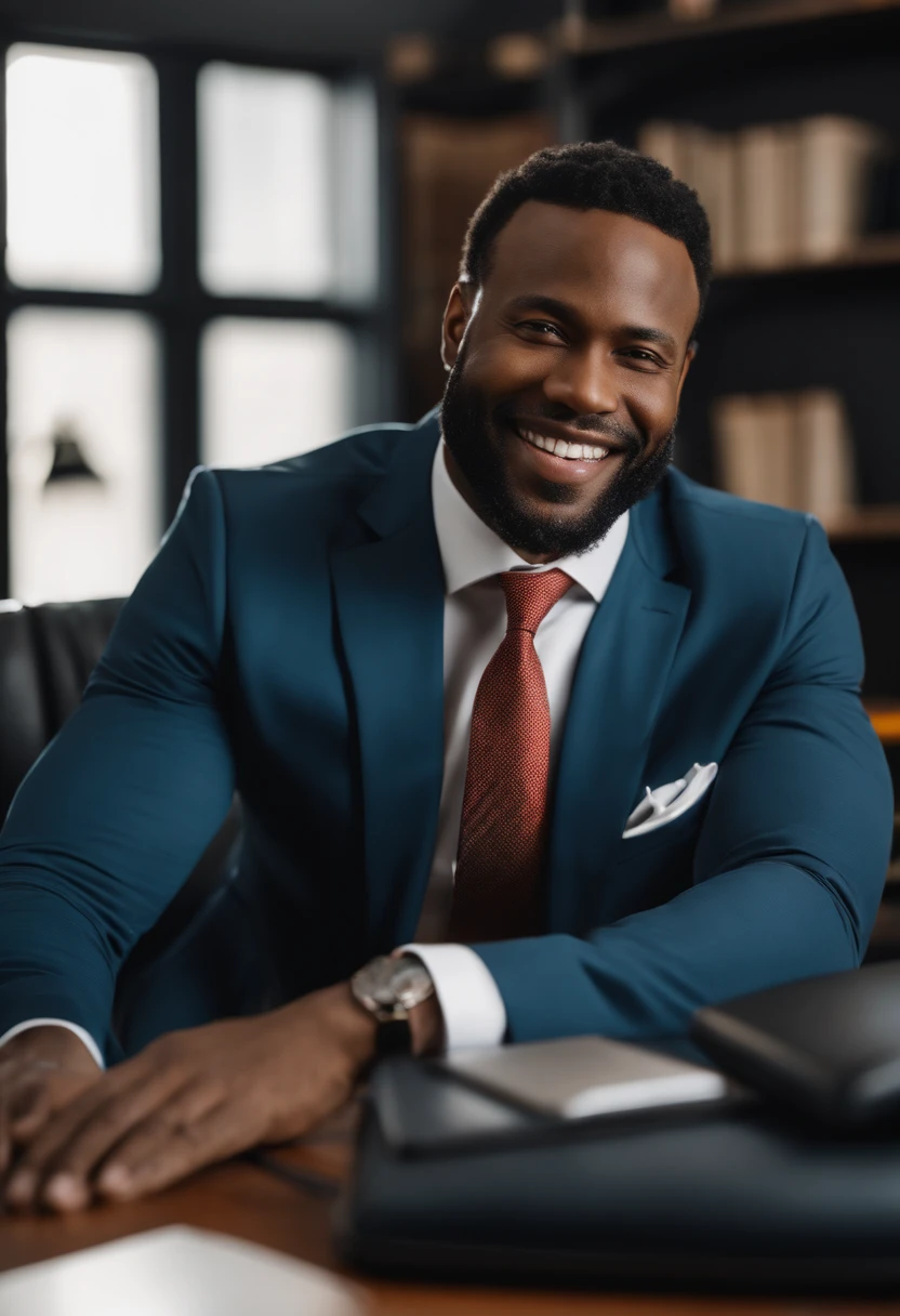 35-year-old black man with a suit sitting in his big CEO chair in his office he looks at the camera smiling