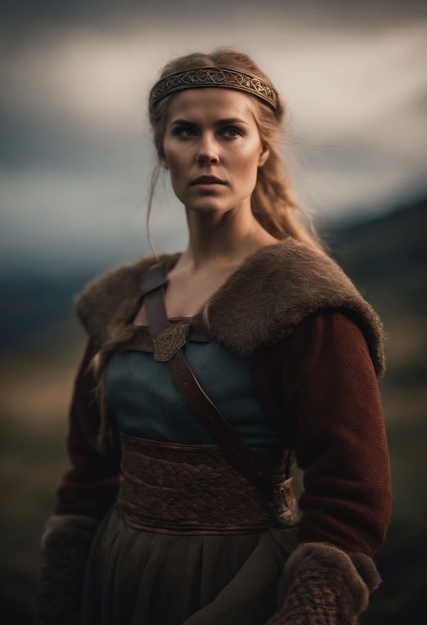 A extreme close up shot of rude viking warrior woman near dead bodies, outside, in the forest, wearing warrior clothes, in the style of subtle, frozen tones,war paint aesthetic, rude motifs, i can't believe how strong and eautiful this is, snow.