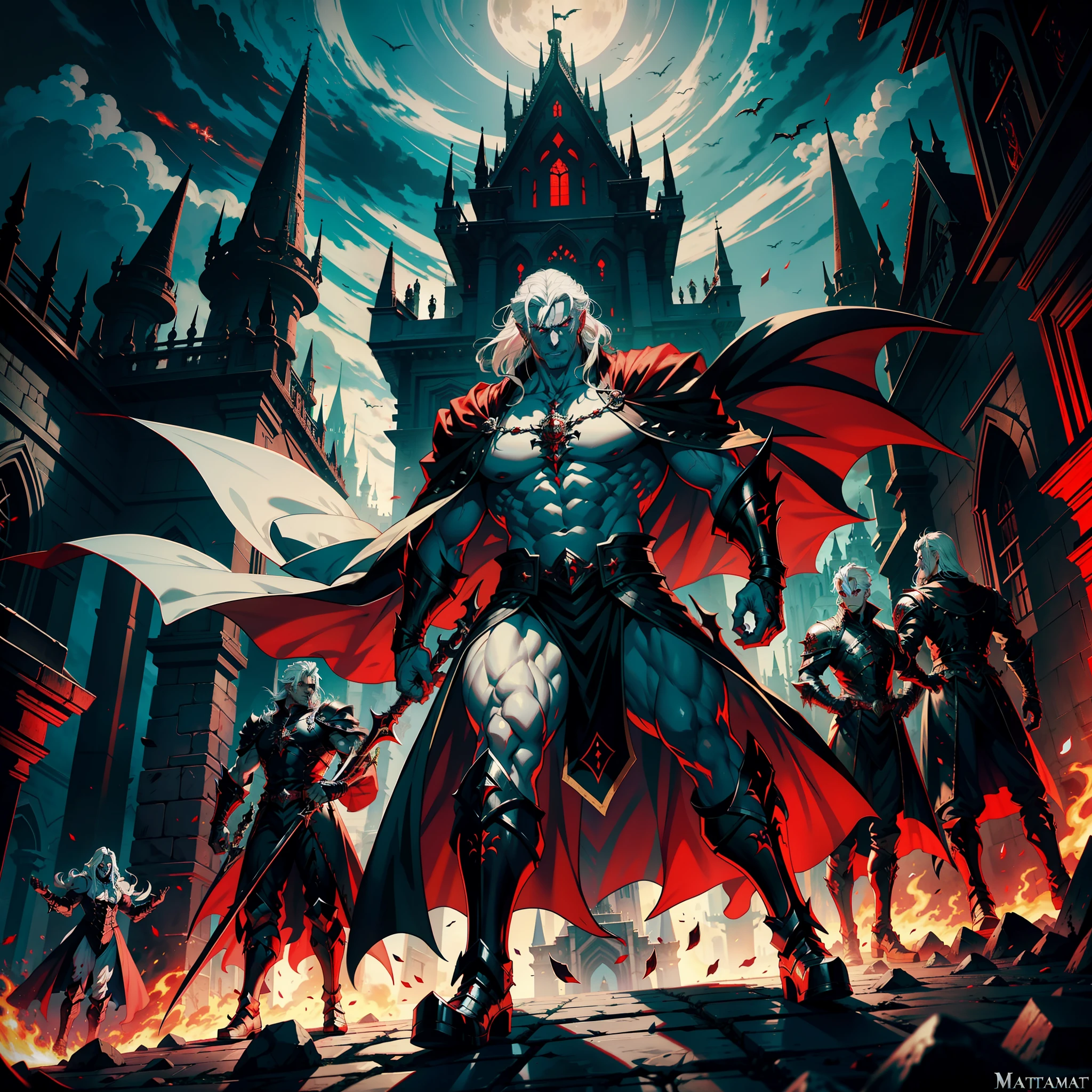 Lord Dracula with white hair glowing red eyes muscular handsome medieval warrior returning to his castle Victorious with his troops armed demon at noon hyper realistic super detailed Dynamic shot centerpiece cinematic scene scenes movie Epic Legendary correct proportions Anatomy correct poses