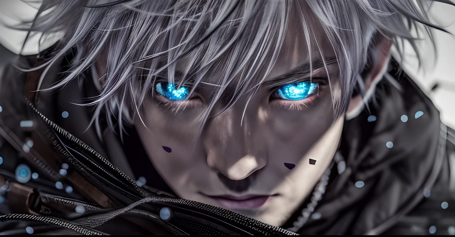 of a real,8k,photore,Works of masters,A thirty-year-old man,japanes,white color hair,Blue pupil,short detailed hair,Blackn clothes