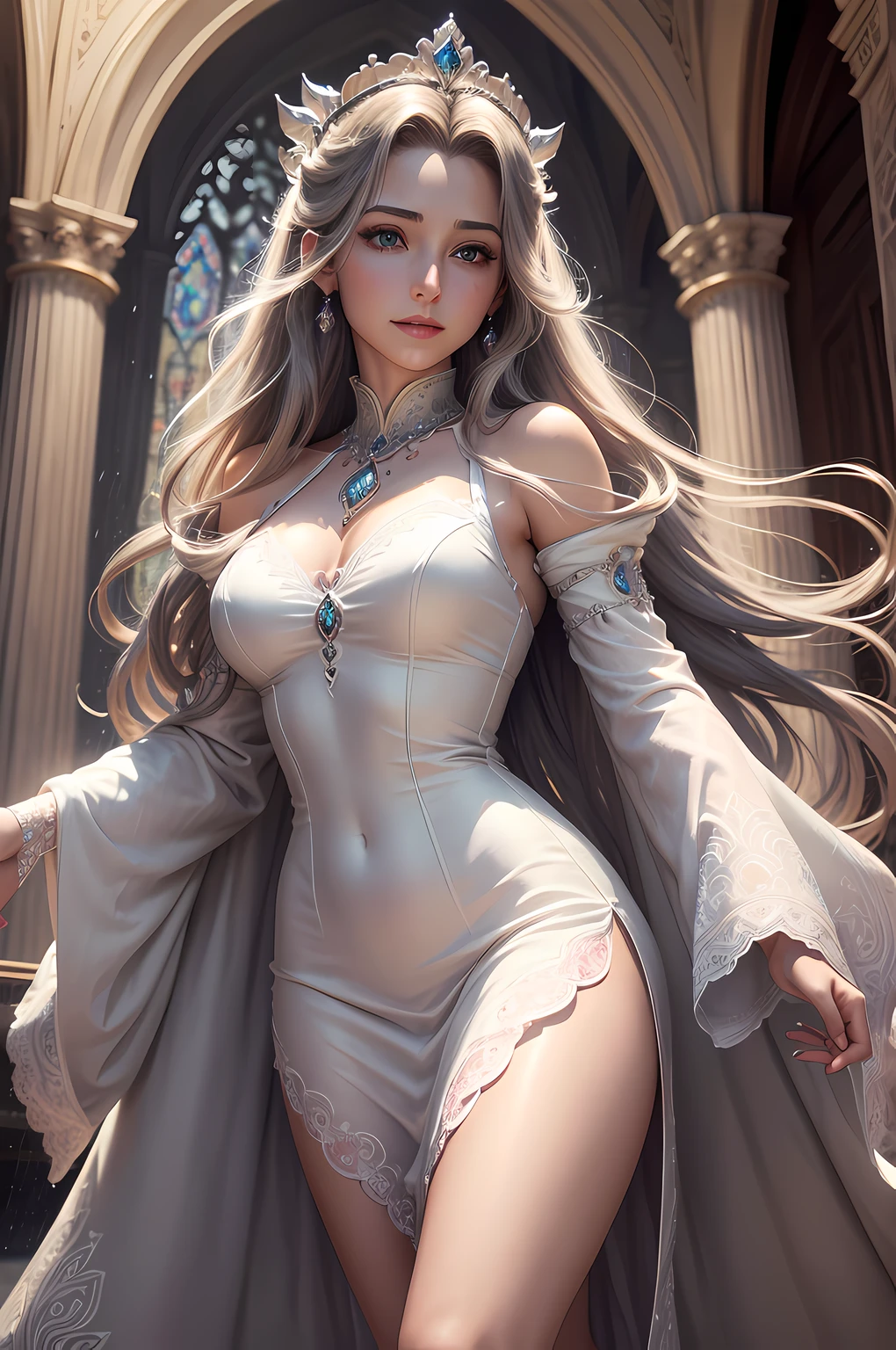(highres, ultra-detailed, realistic:1.37), aerith, final fantasy, beautiful body, beautiful detailed eyes, detail-oriented nose, luscious red lips, long flowing grey hair, radiant smile, elegant crown, royal attire, intricate jewelry, graceful pose, enchanting expression, majestic church in the background, vibrant colors, soft lighting, regal atmosphere, atmospheric perspective, stunning landscape, floating clouds, magical aura, timeless beauty, intricate patterns, ethereal ambiance, striking contrast, dreamlike quality, cinematic composition, white dress, rain drops
