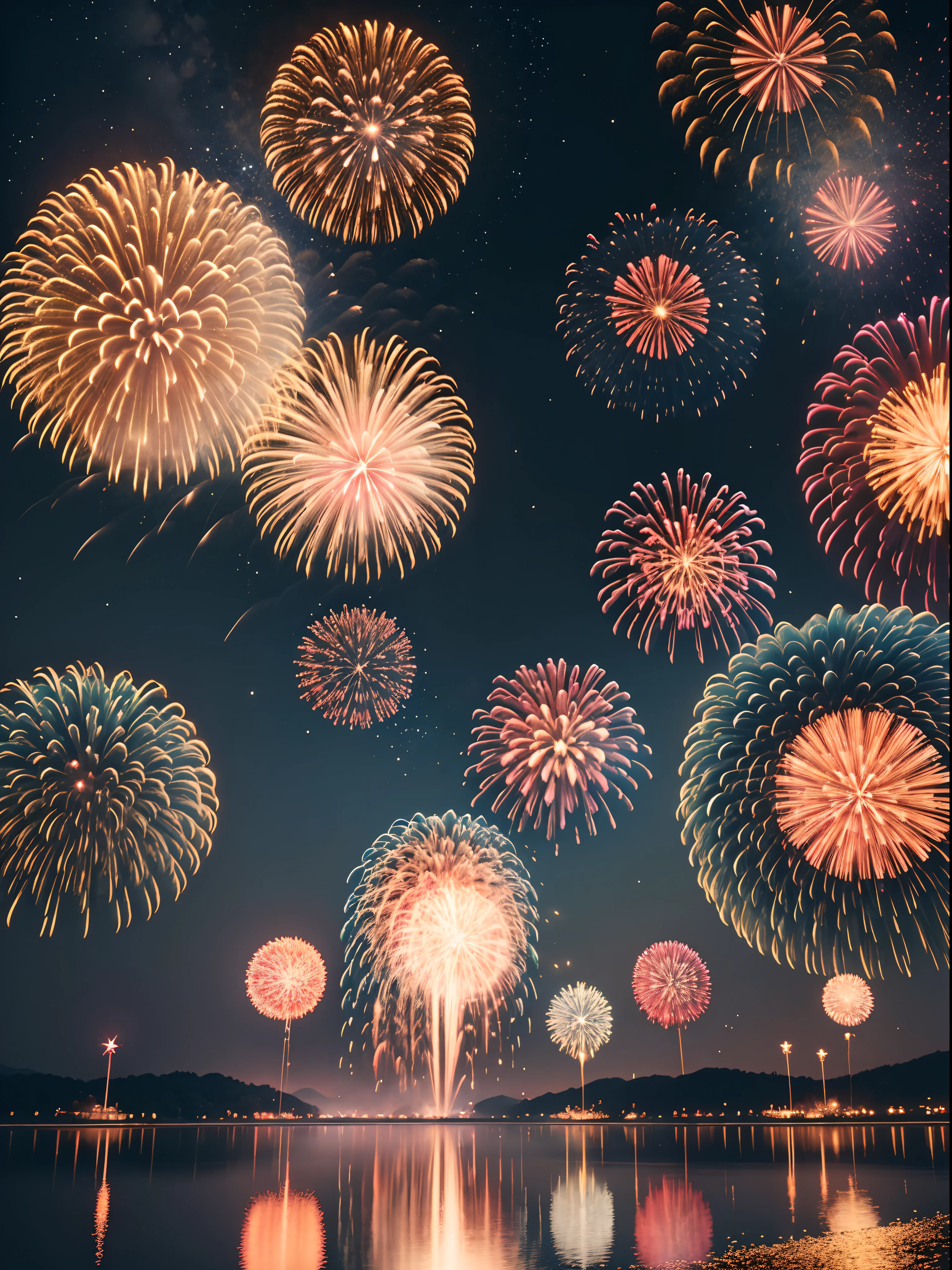 Fireworks Festival,A big planet is floating in the sky,the background is the universe,Finale of the Matsue Water Festival,high detal,hiquality,natta,Lake Shinji,Fireworks are reflected on the surface of the water,Big fireworks,8K picture quality