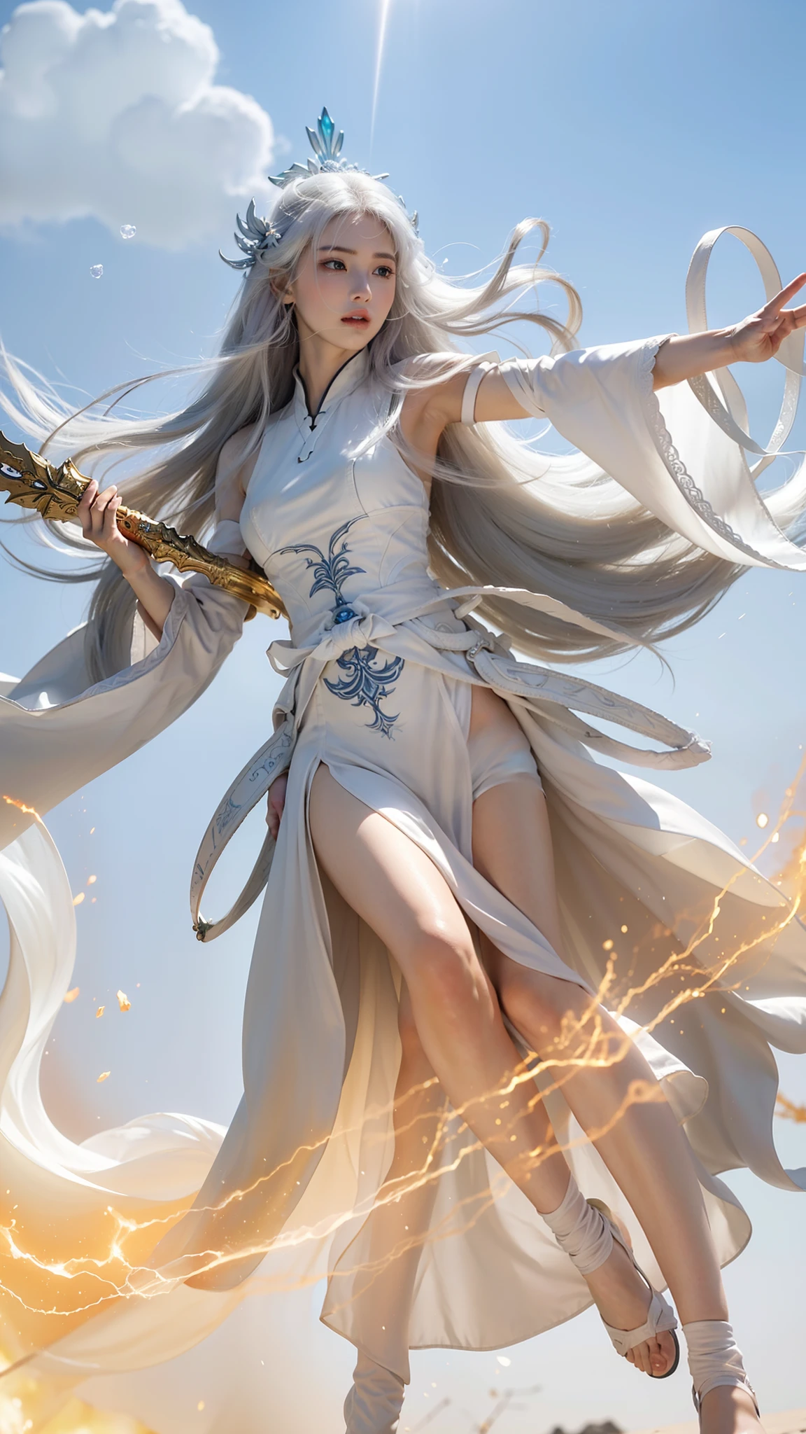 a close up of a woman in a white dress with a long white hair, beautiful celestial mage, full portrait of elementalist, full body xianxia, heise jinyao, onmyoji detailed art, g liulian art style, extremely detailed artgerm, by Yang J, white haired deity, astral ethereal, holy fire spell art, highly detailed, (high detailed skin:1.3), (photorealistic:1.3), ultra-detailed, (high detailed skin:1.2), expressionless, 8k uhd, dslr, soft lighting, high quality, film grain, Fujifilm XT3, best quality, beautiful lighting