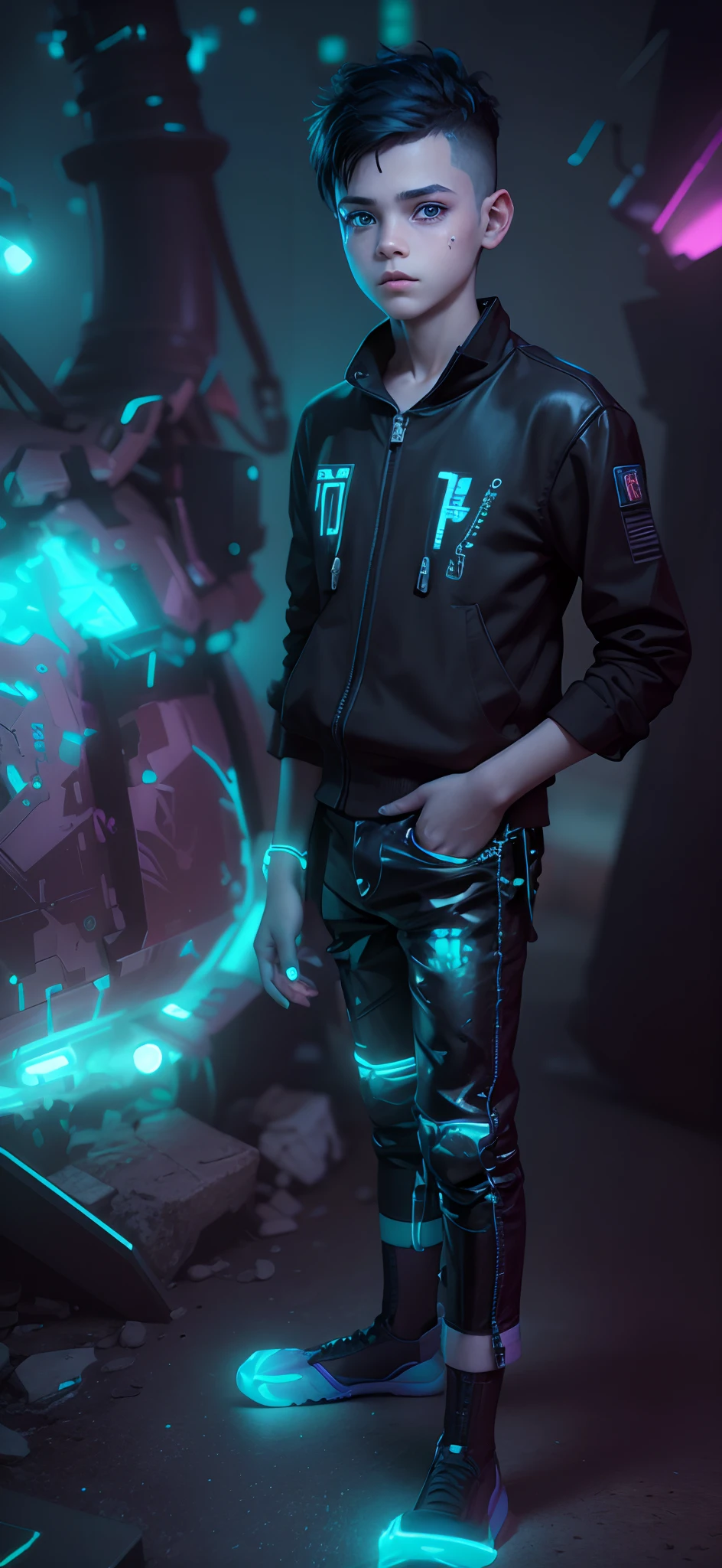 /photoshoot poses_forboys cyberpunk, ddler, neon, kid,8k, change no my face realistic face 8k ultra Highly detailed facial and skin texture, A detailed eye,