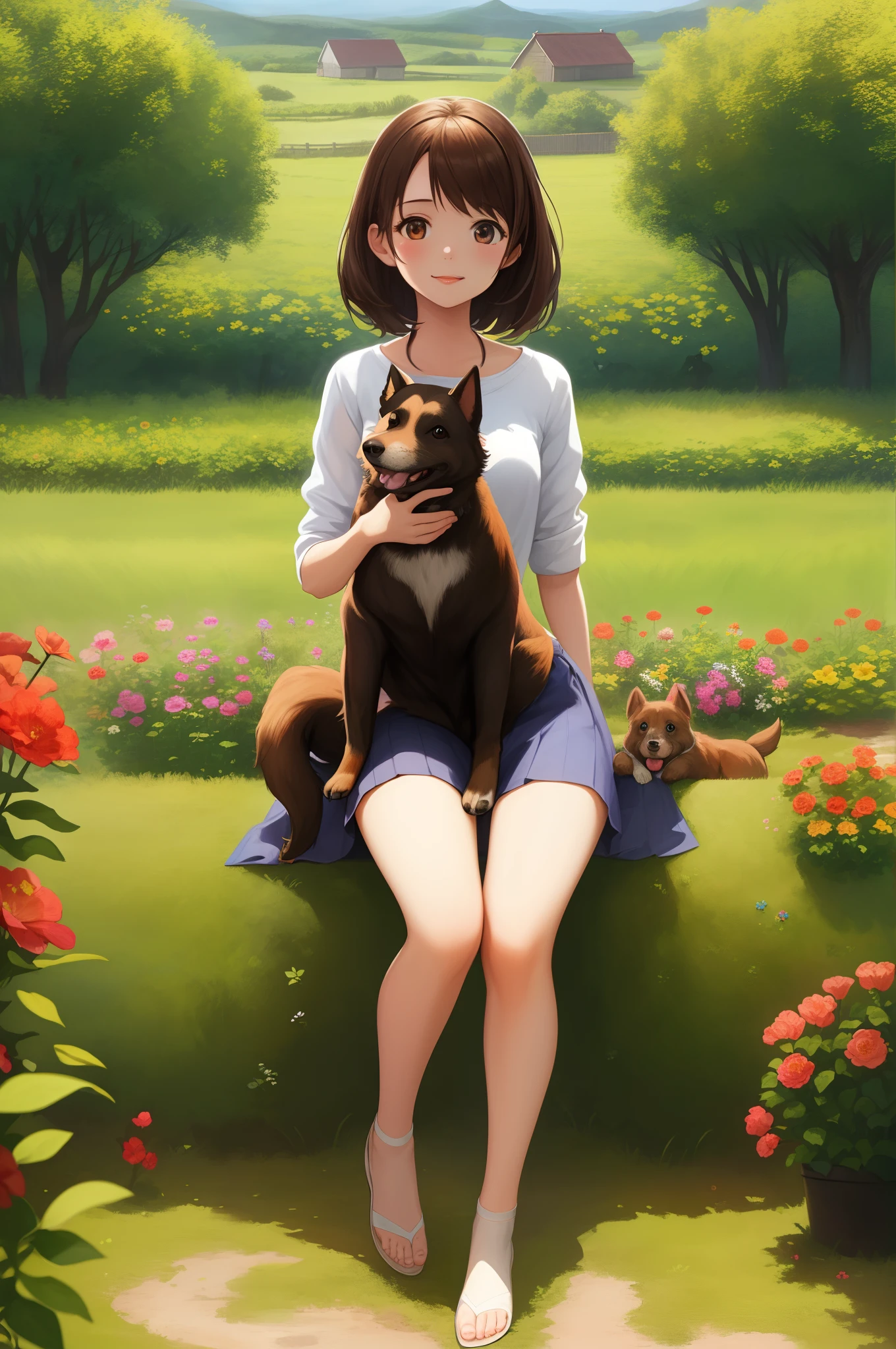 A charming girl,Brunette and her cute dog,Enjoy a lovely spring outing surrounded by beautiful red flowers and nature。Country lanes,Fenced hut,The illustration is a high-definition illustration in 4K resolution,With very detailed facial features and cartoon-style visuals。